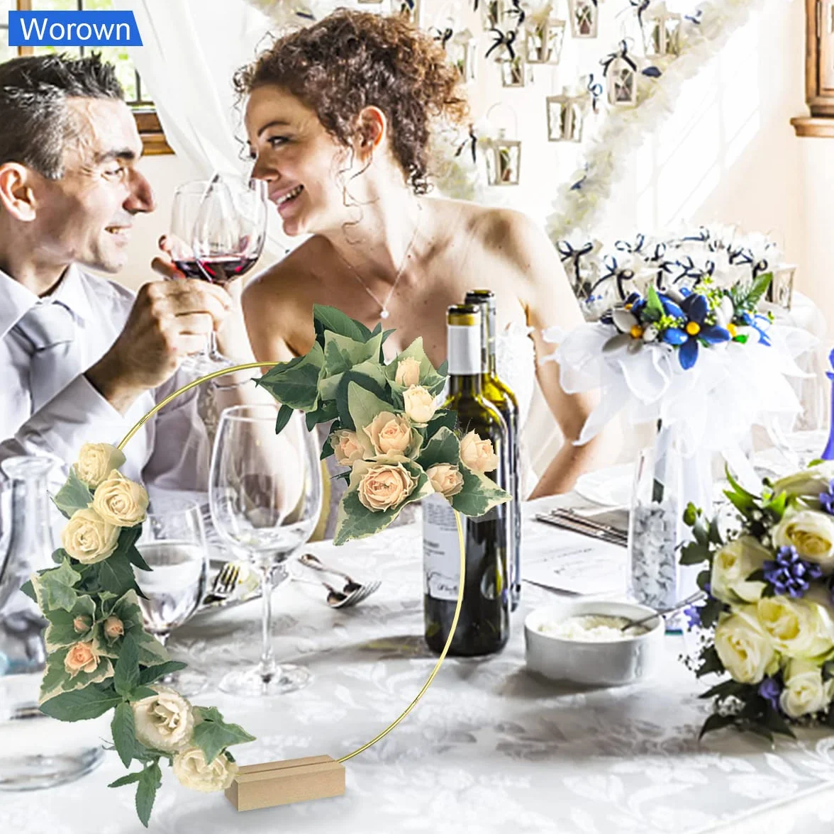 Lot de 6 centres de table en métal 20 cm avec support en bois, anneaux dorés pour décorations de mariage