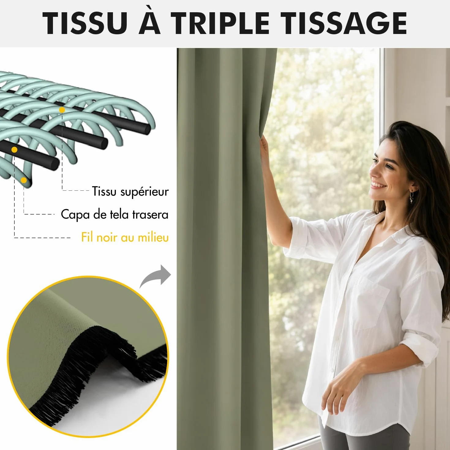 Woaboy Rideau occultant Galon fronceur 2 Pièces L140 H200 Vert Sauge | Rideau totalement occultant, isolant chaud et froid, atténue les bruits, équipé d'un galon fronceur pour salon et chambre