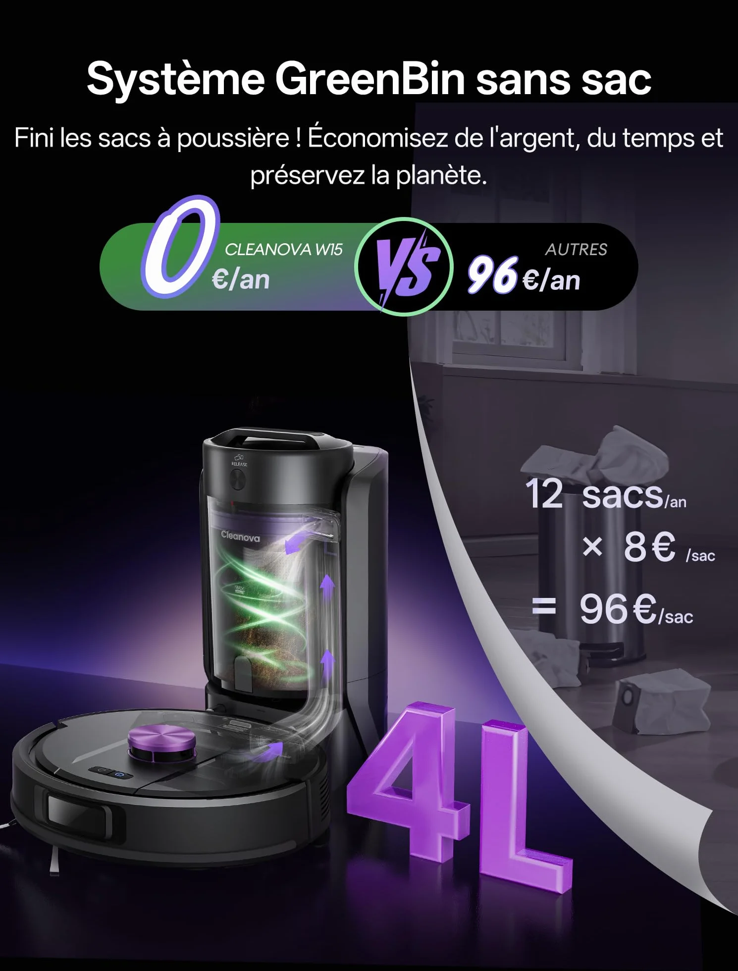 Vexilar W15 Robot aspirateur laveur 10000Pa avec station sans sac, navigation LiDAR, 180min, connecté par APP