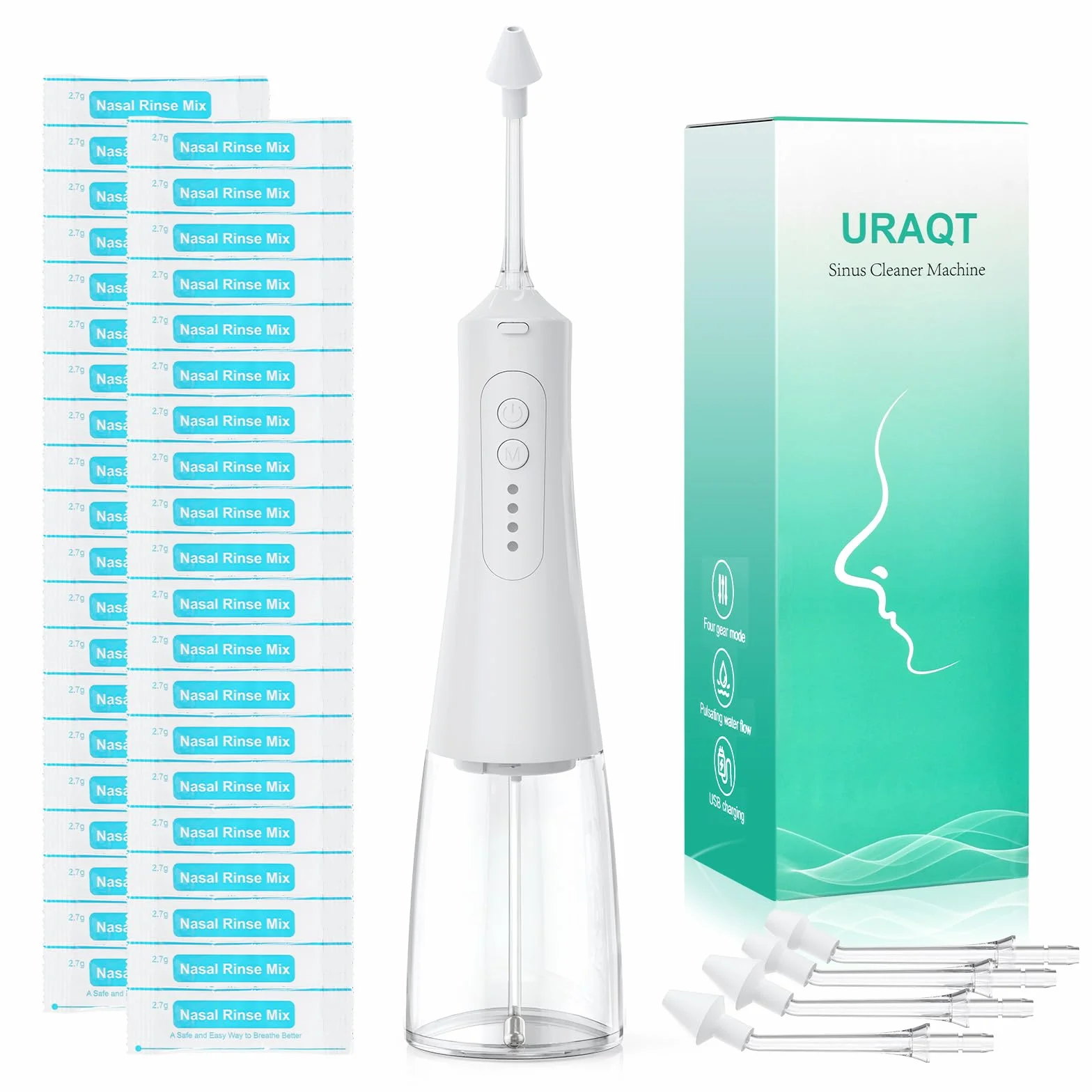 Kit d'irrigation nasale URAQT, Pot Neti électrique avec 4 douches et 40 sachets de sel