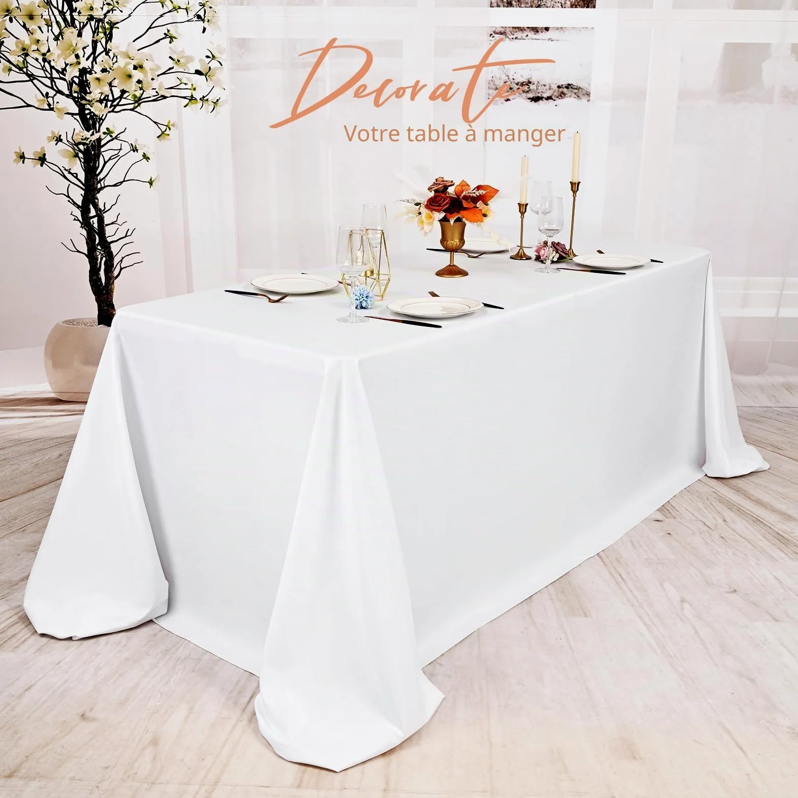 Pesonlook Lot de 4 nappes rectangulaires blanches, 228,6 x 396,2 cm en polyester lavable en masse, nappes en tissu polyester pour mariage, fête, banquet, buffet, table de fête, dîner de vacances