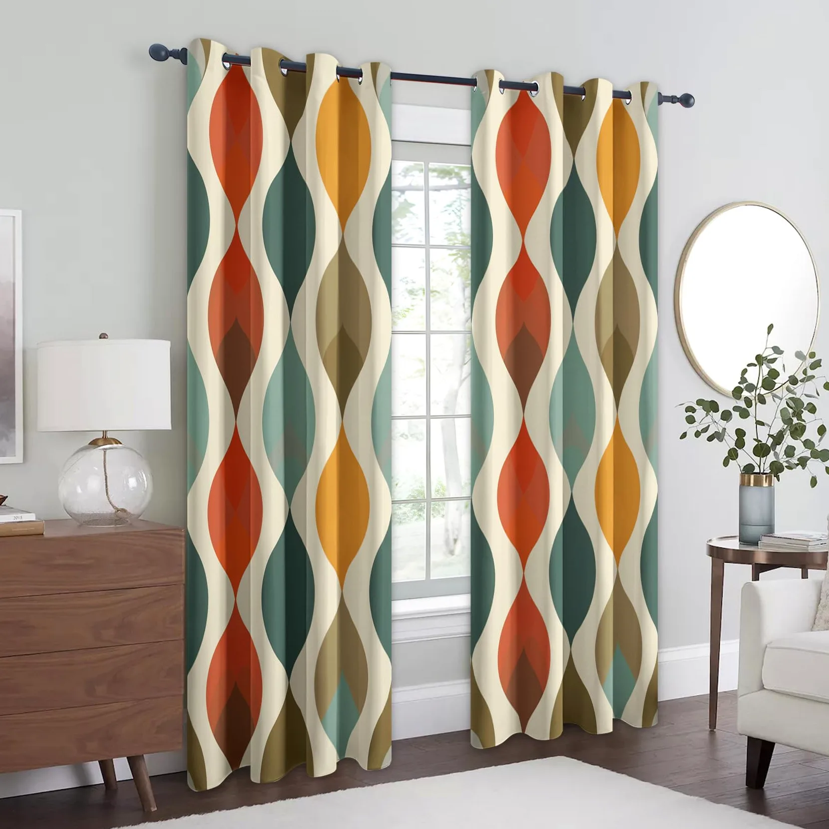 Rideaux Occultant Géométrique Médiéval, Rideau Isolant Thermique pour Salon Chambre, Rideaux Motif Moderne Colorée, Lot de 2 Rideaux Opaque à Oeillets 140x260cm LxH
