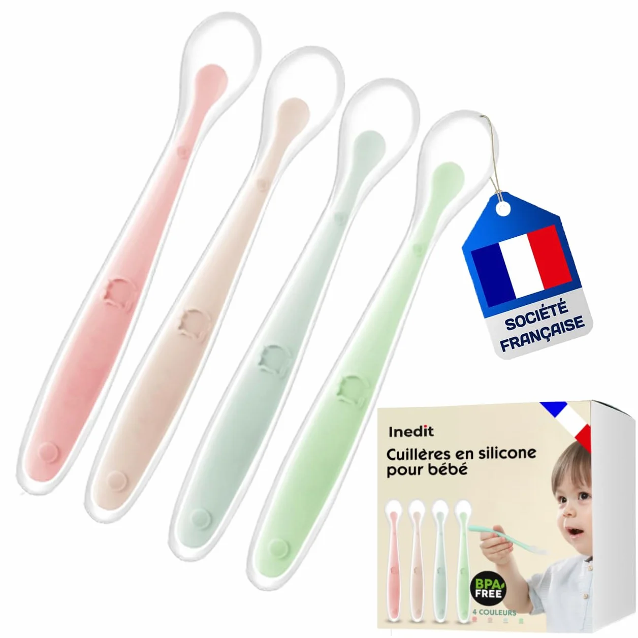 Cuillère Bébé 1er Âge 4 Pièces en Silicone Souple Rose Mauve Bleu Vert