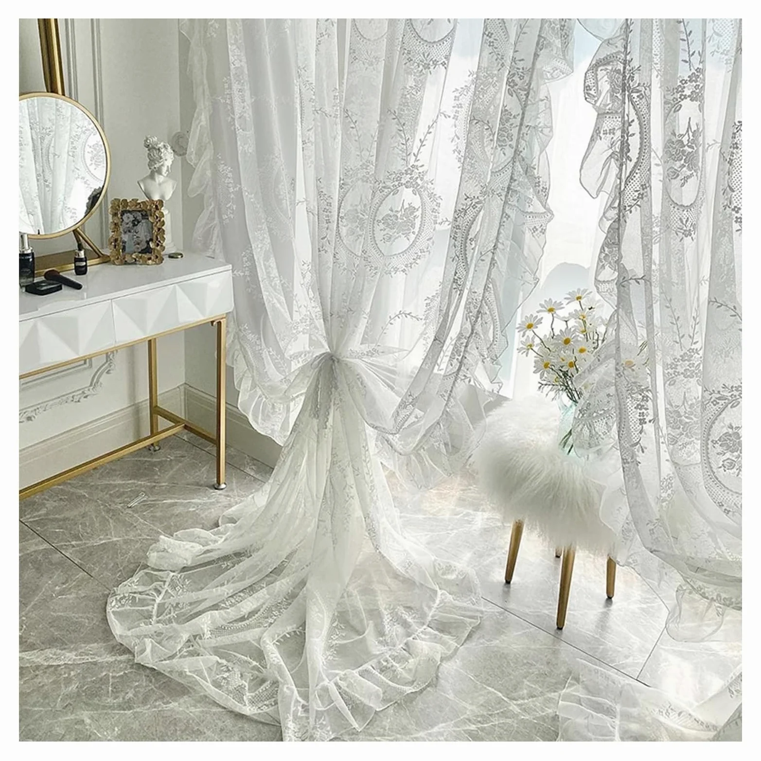 Rideaux en Dentelle Brodée de Fleurs de Style Romantique Français, Long Traitement de Fenêtre Vintage Shabby Chic avec Bord à Volants Festonnés, pour Balcon de Jardin, 1 Panneau