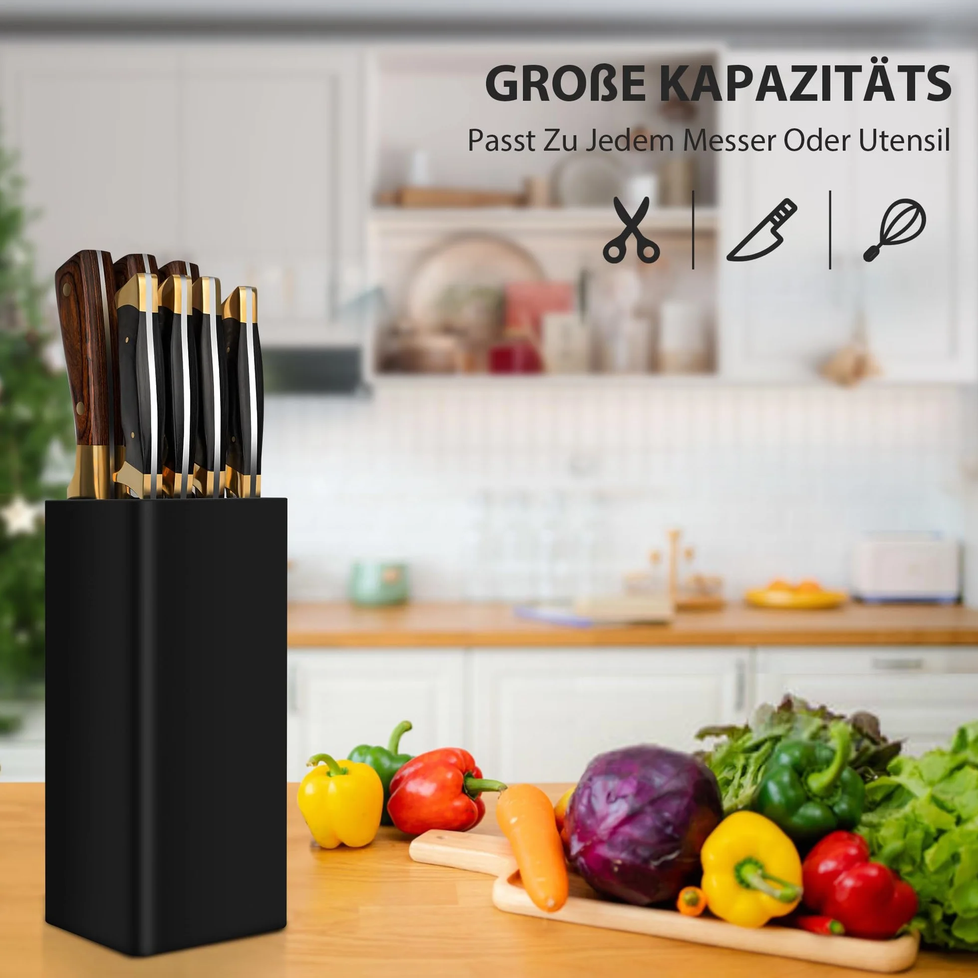 Bloc Couteaux Vide Noir Universel pour Cuisine, Porte-Couteaux avec Lattes Flexibles, 22 x 9.5 x 9.5 cm