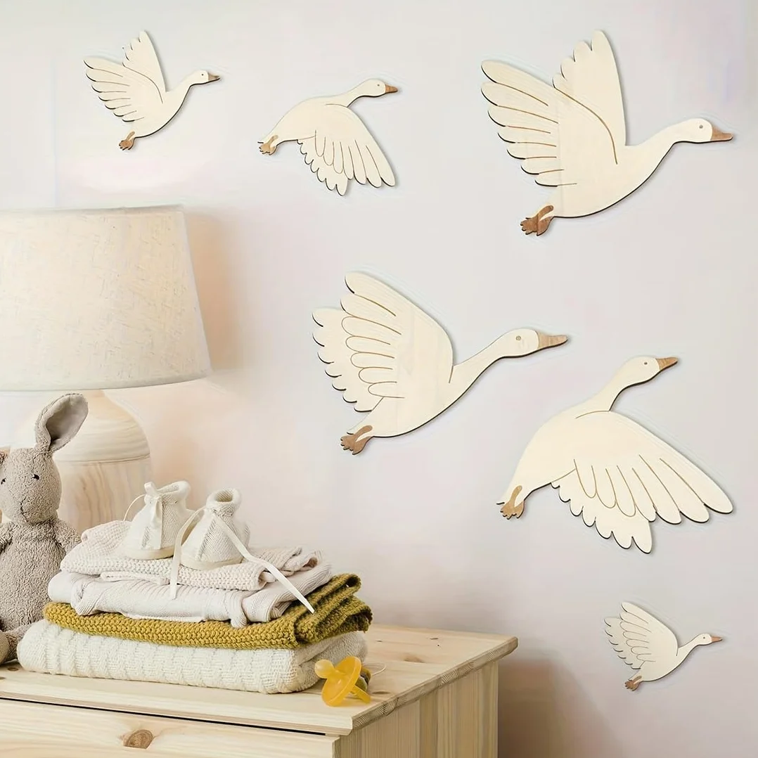Autocollant Mural Enfant Cygne Décoration Murale en Bois 6 Pièces