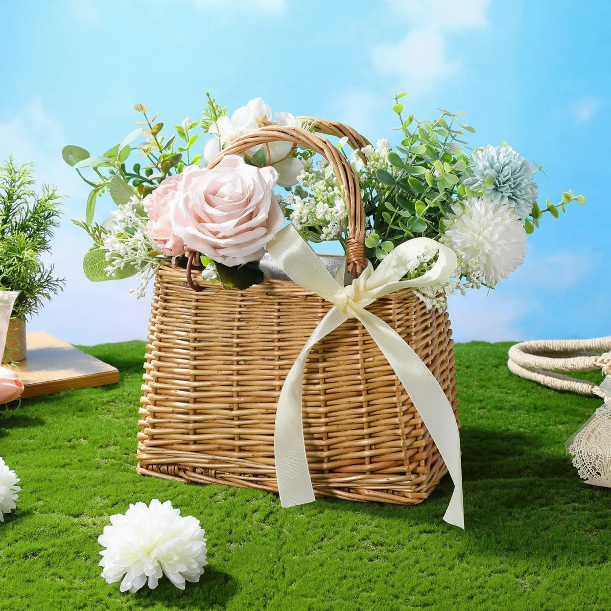 Cabilock Panier à main en osier naturel tissé à la main pour fille avec ruban blanc