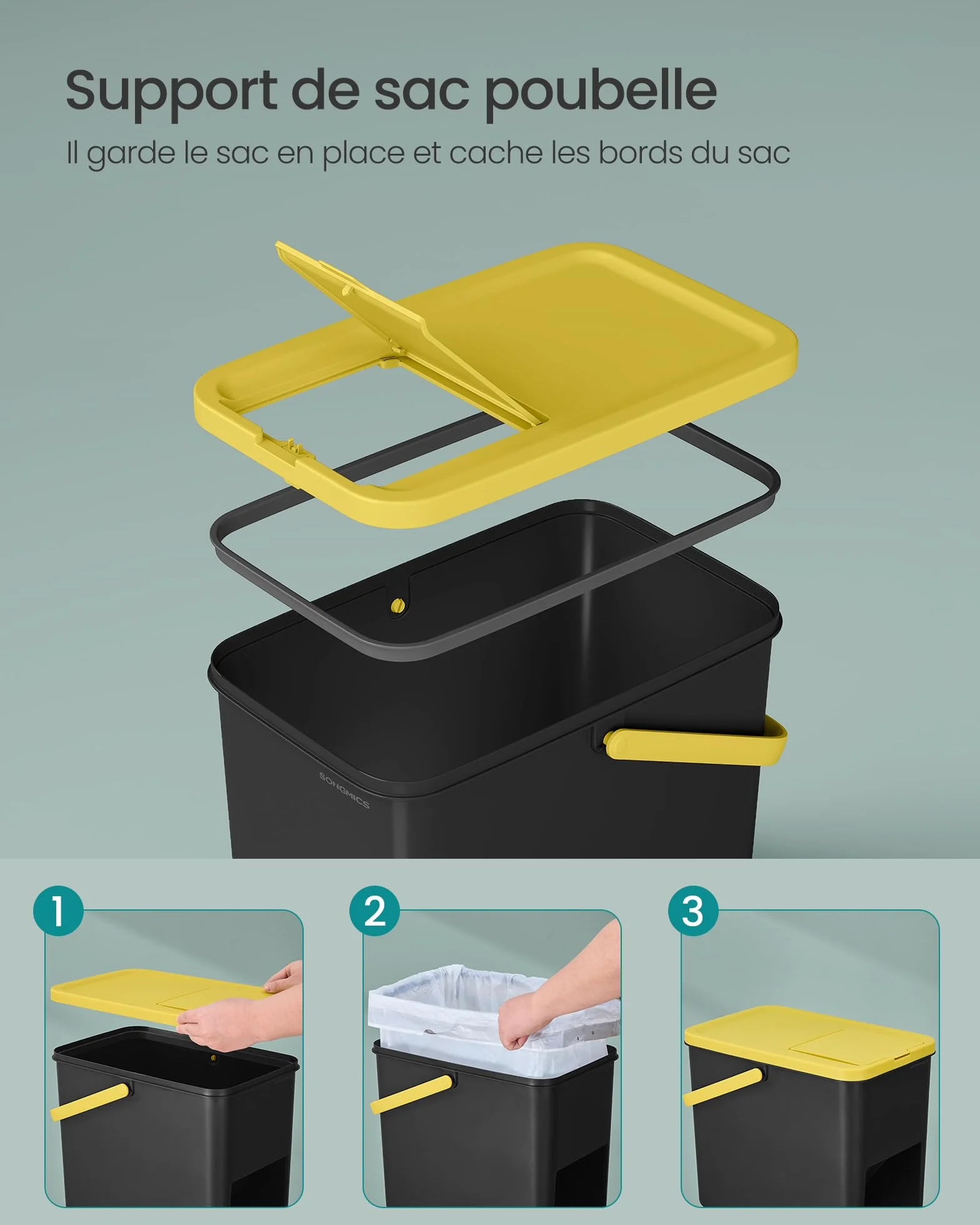 SONGMICS Poubelles de Tri Cuisine Lot de 3 Empilables 20 L Recyclage Jaune Bleu Vert