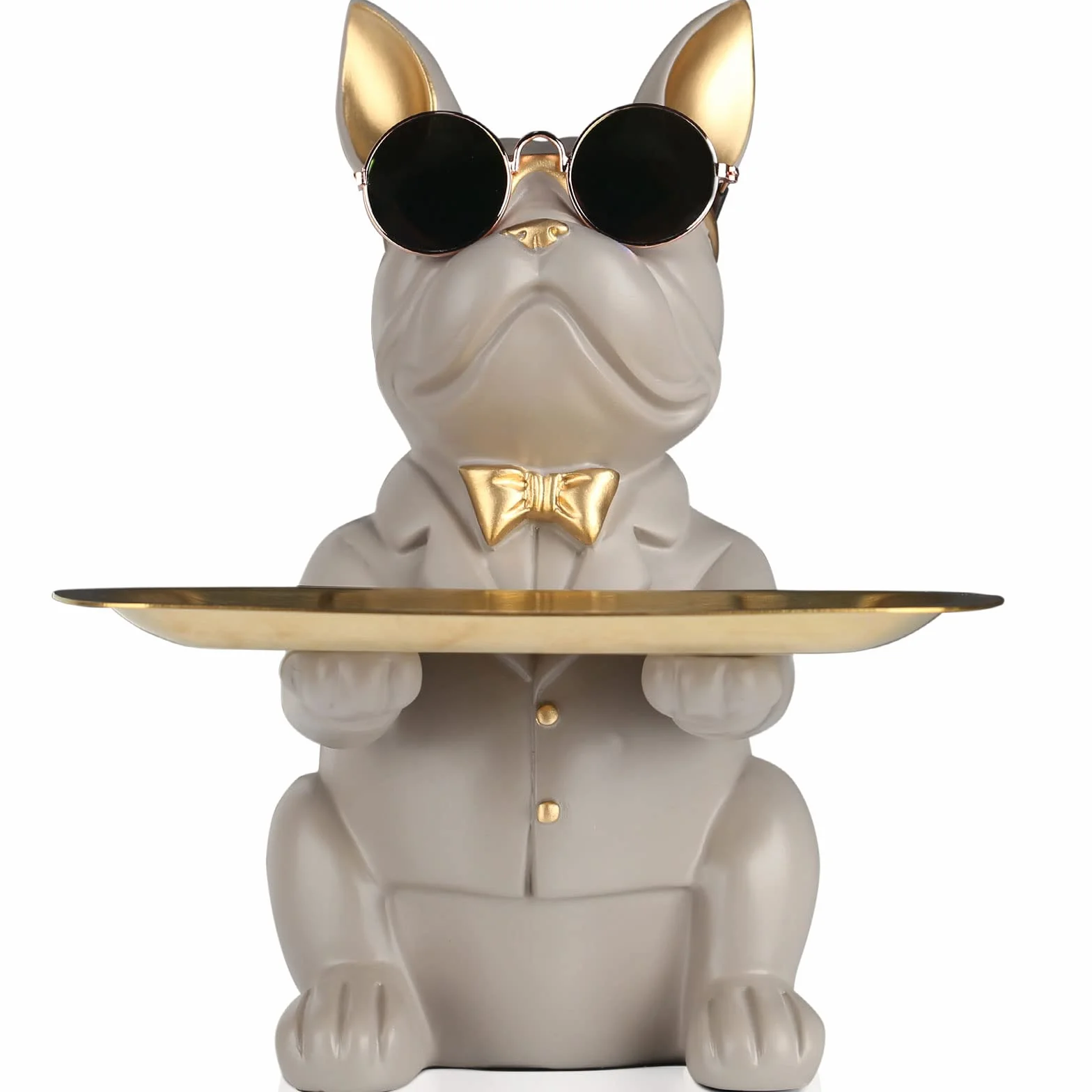 Statue Bouledogue Plateau de Rangement Tirelire en Résine Gris