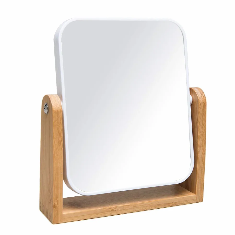 Miroir de Maquillage avec Support en Bambou Naturel, Double Face 1X/2X, Rotation 360°, Portable, Blanc