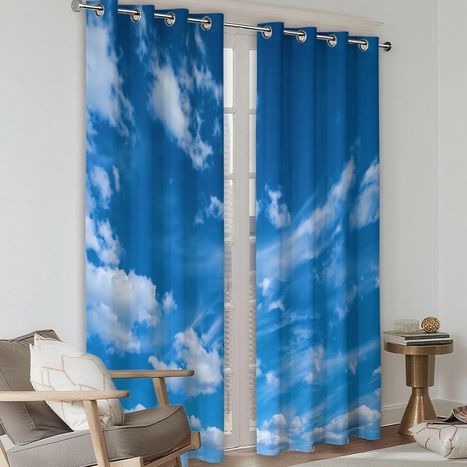 Rideau Occultant Bleu, Paysage Naturel Ciel Bleu Nuages Blancs Rideaux à Oeillets, Rideau Thermique Isolant Anti Froid et Chaleur pour Salon Chambre Fenetre Décoration 92L x 214H cm Lot de 2