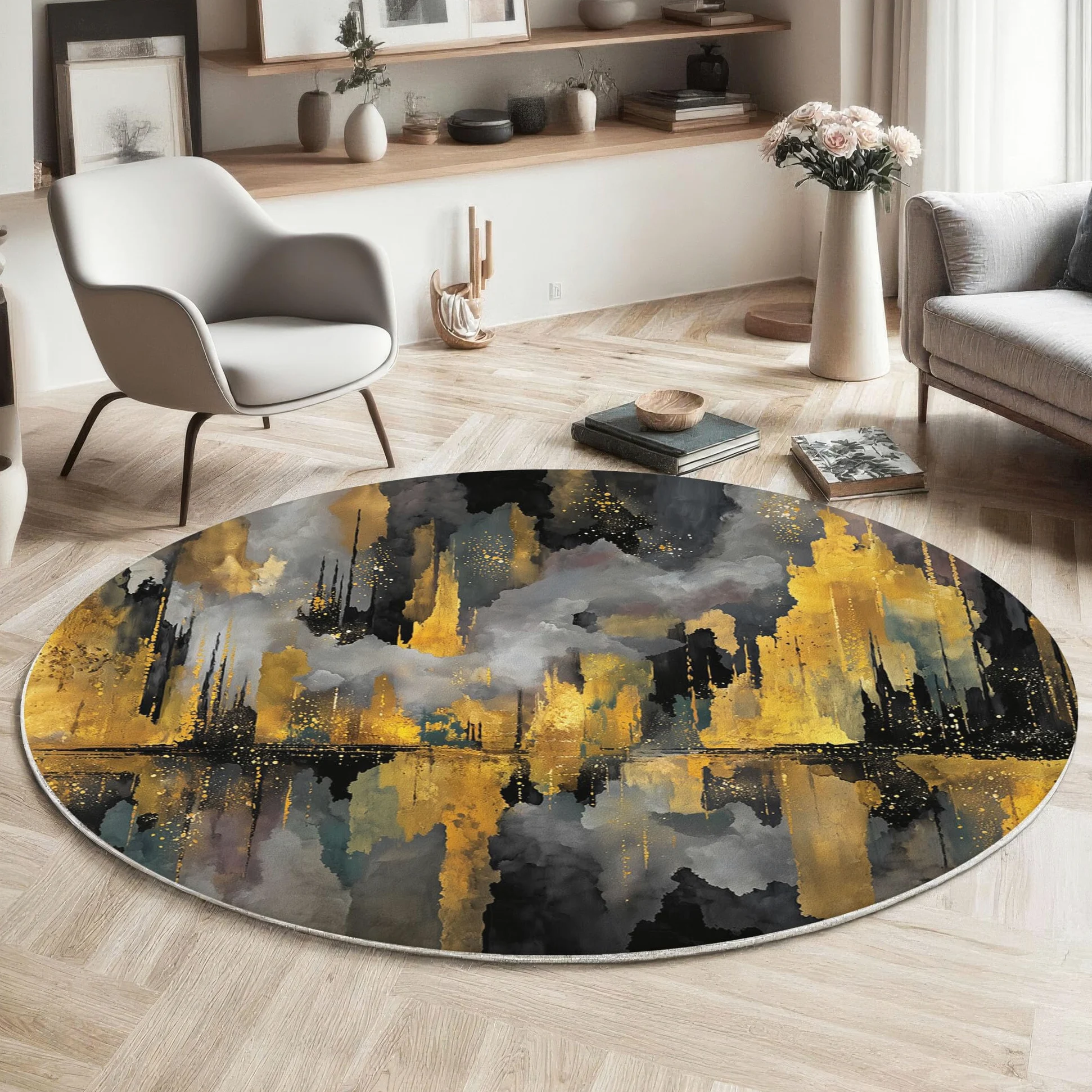 Tapis Rond De Ville en Feuille d'or Tapis Peinture À l'huile Abstraite Fin, Moquette Or Noir Doux Antidérapant Lavable pour Chambre À Coucher Entrée Salle À Manger Dortoir Familial, 100 Cm