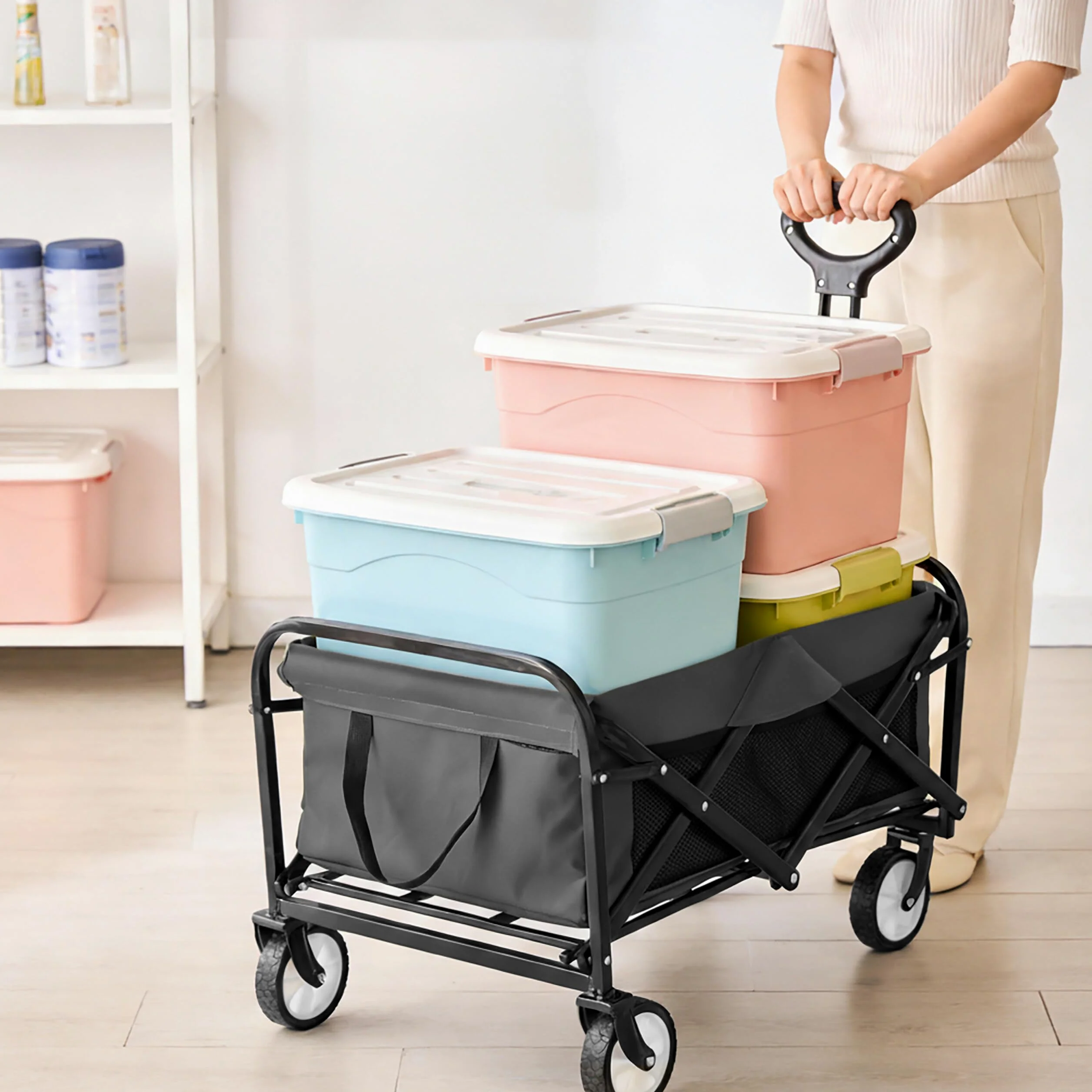 Relaxdays Chariot Pliant 100 kg, poignée télescopique, Tissu Oxford, pour Courses, Camping & Plage, Gris 89x50x72 cm