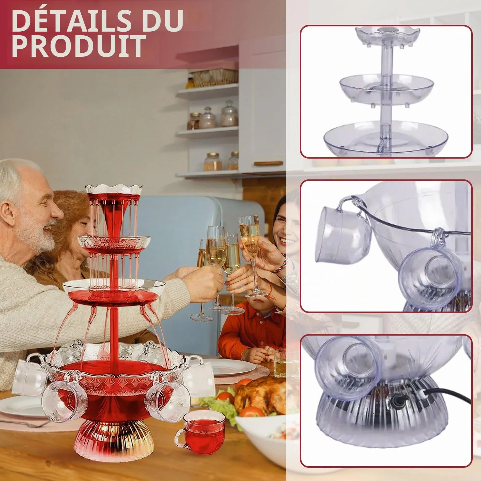 Fontaine de fête transparente à 3 niveaux 4 l avec gobelets réutilisables en acrylique socle éclairé LED