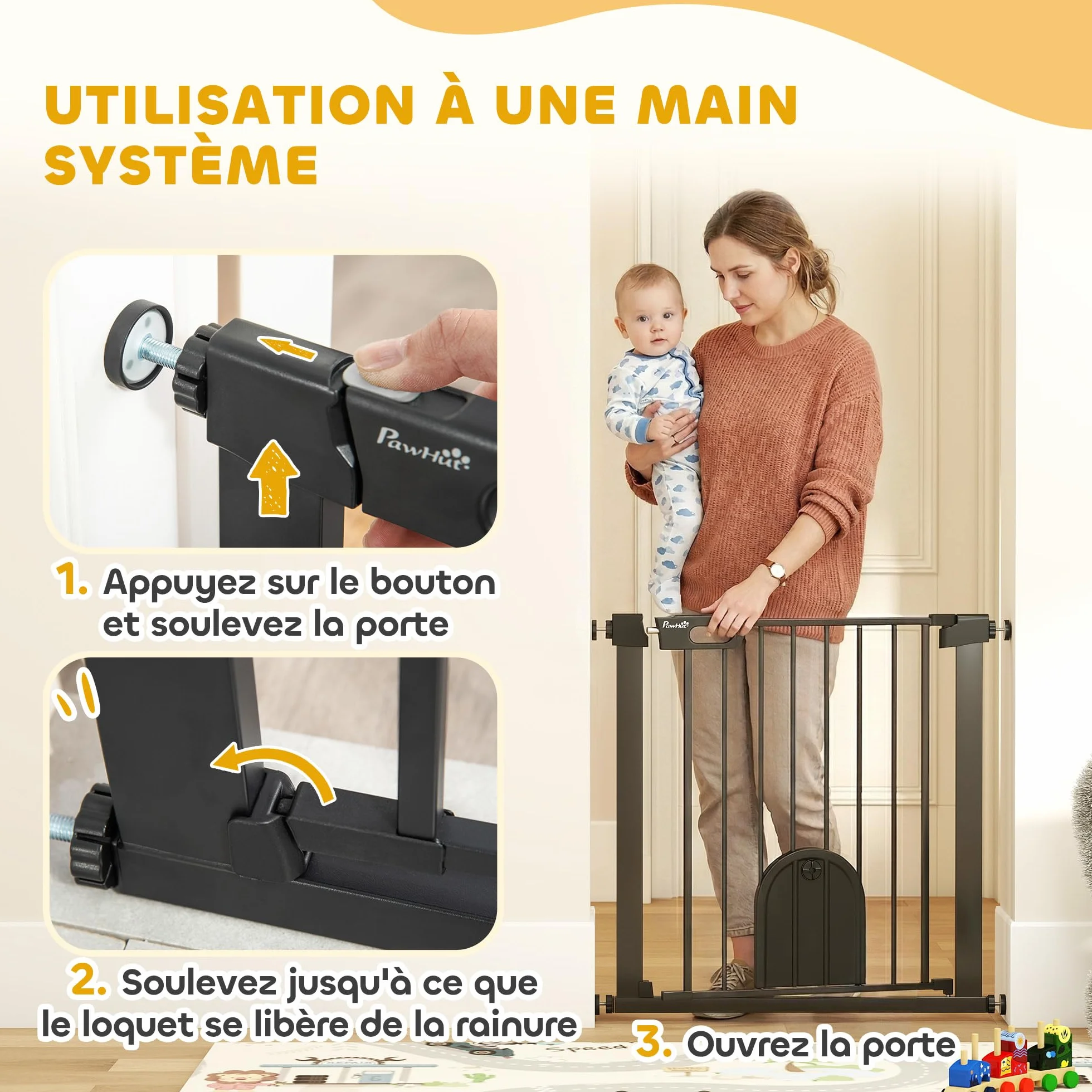 PawHut Barrière de sécurité Animaux 76H cm Chien Chat Porte Fermeture Automatique Double Verrouillage Fixation Pression 75-82 cm Acier ABS Noir
