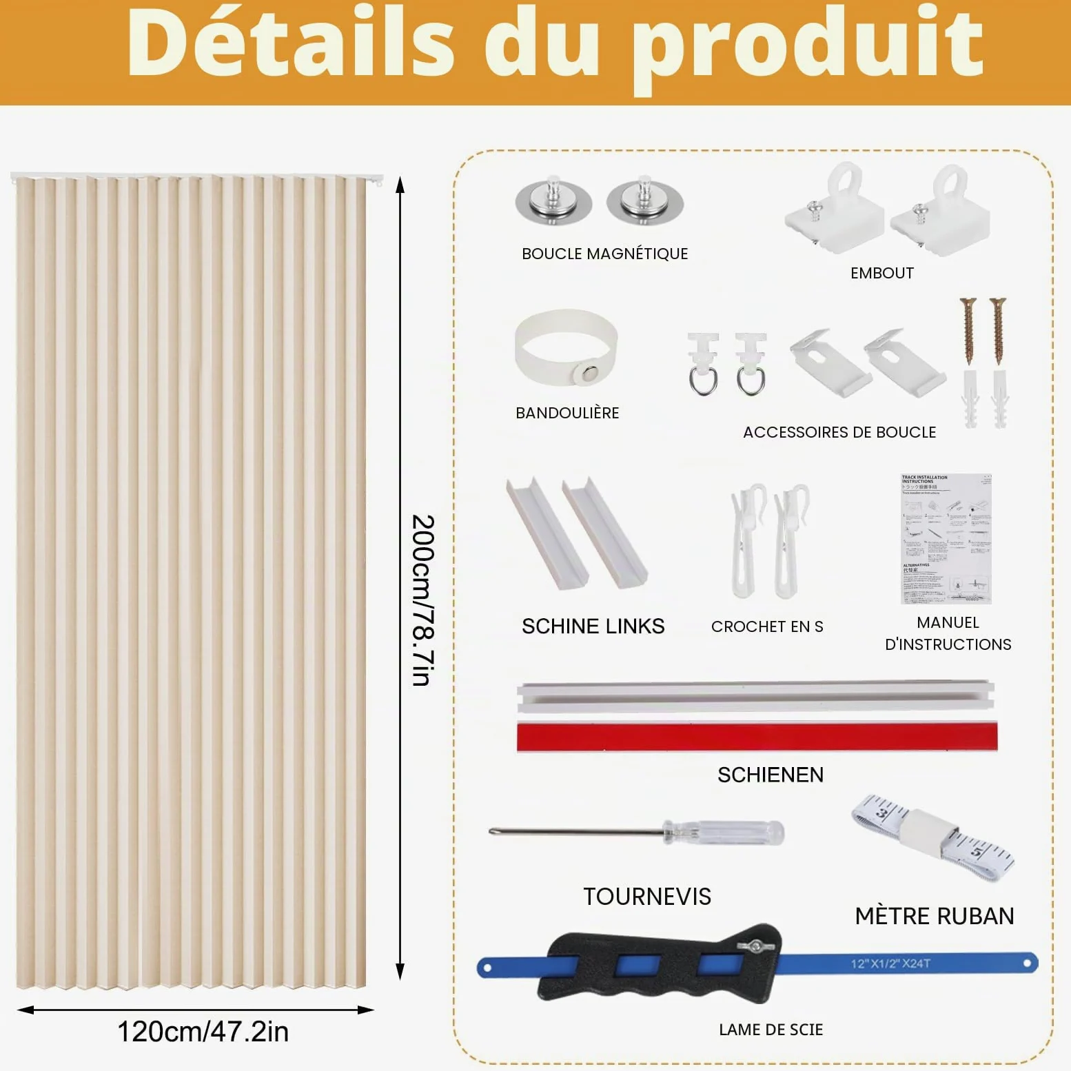 Rideau de porte magnétique - 120 x 200 cm - Pliable - Occultant - Porte intérieure pliante - Sans perçage - Avec rail adhésif - Crochets - Pour armoires, salle de bain, chambre à coucher, salon