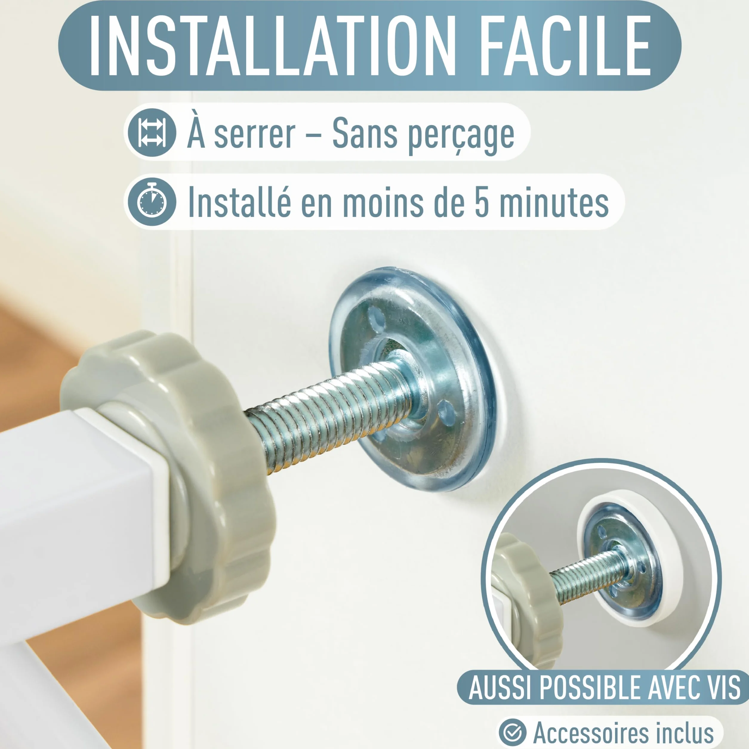 Barrière de Sécurité Berrin 58-185, sans Perçage, Fixation par Pression, pour Enfants 6-24 Mois, Blanc Gris, 85-95 cm