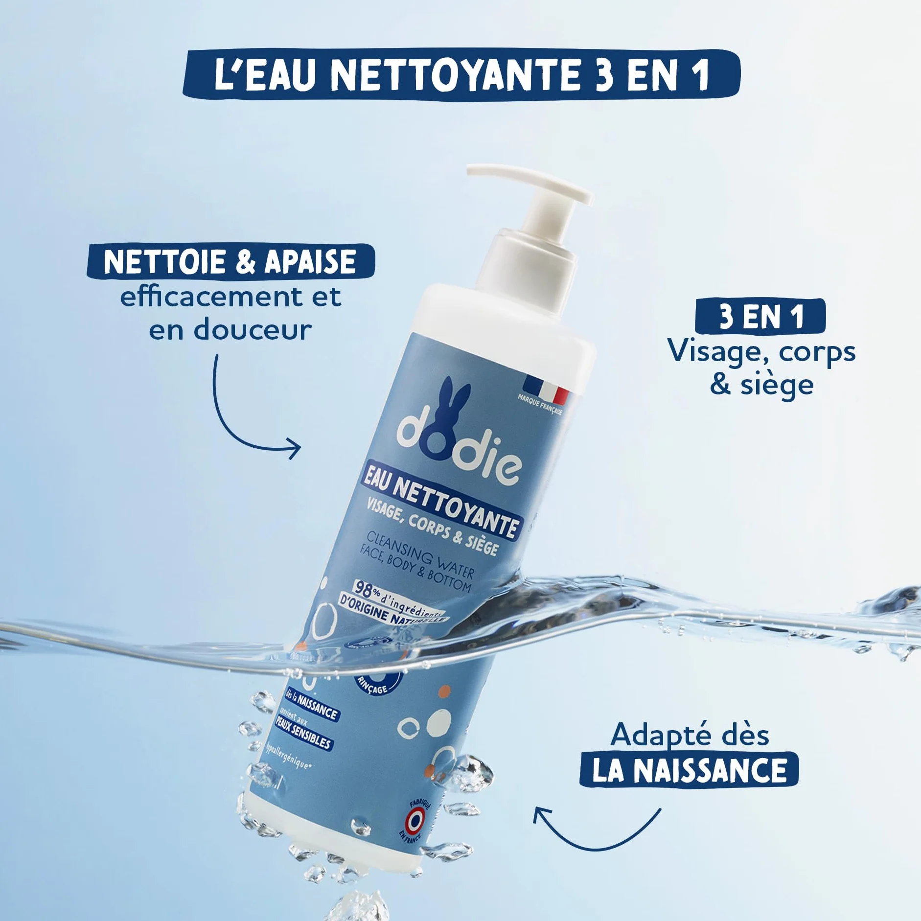 DODIE Eau nettoyante 3 en 1 500 mL Nettoyant Visage Corps Siège Hypoallergénique
