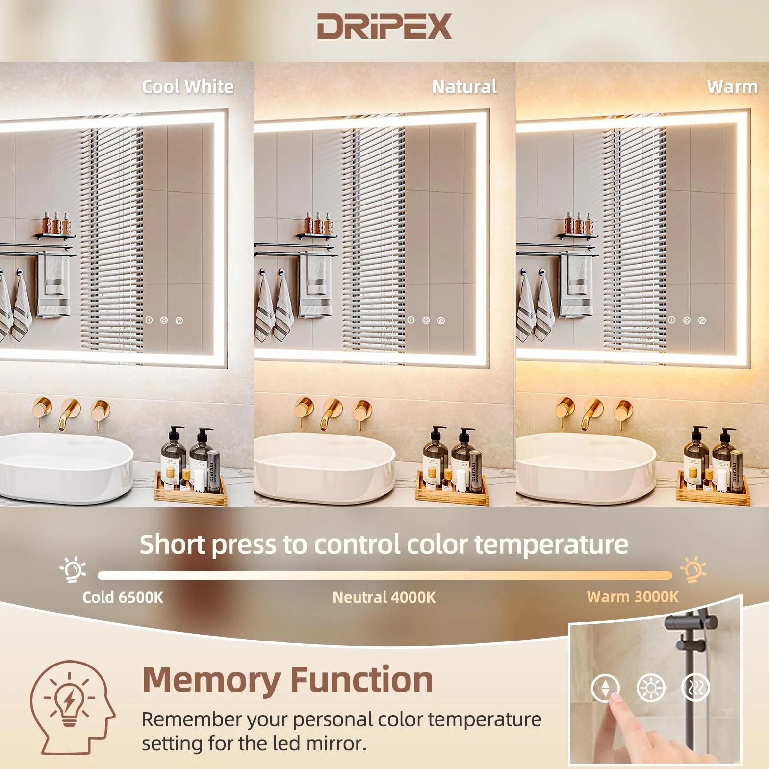 Dripex Miroir Salle de Bain 60x80cm avec éclairage, Dimmable, 3 Couleurs, Mémoire, Tactile