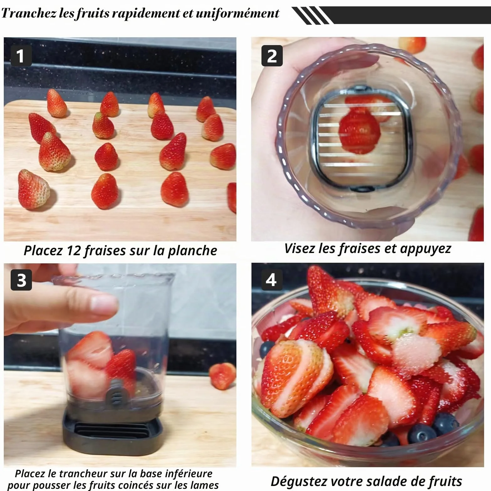 Coupe-fruits amovible avec plaque de poussée Trancheuse à fraises banane œufs Gadget de cuisine (noir)