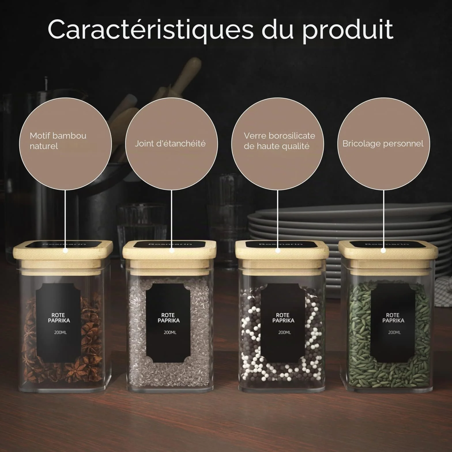Set de pots à épices carrés 12x200ml, bocal verre avec couvercle bambou, bocaux hermétiques étiquettes marqueurs