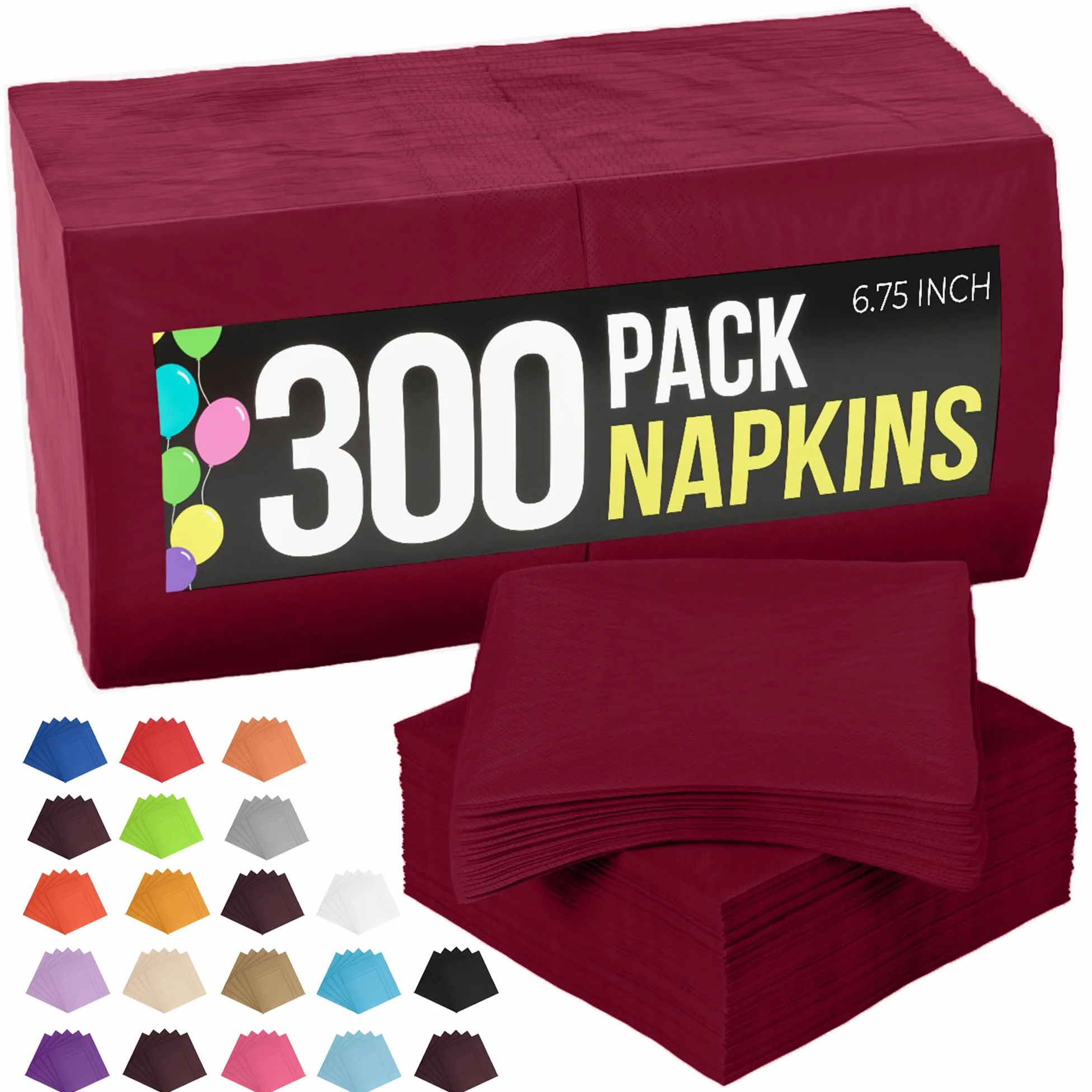 Party Solids Lot de 300 serviettes de table en papier Bordeaux | Serviettes de table 2 plis absorbantes pour tous les jours, 16,5 x 16,5 cm, bordeaux
