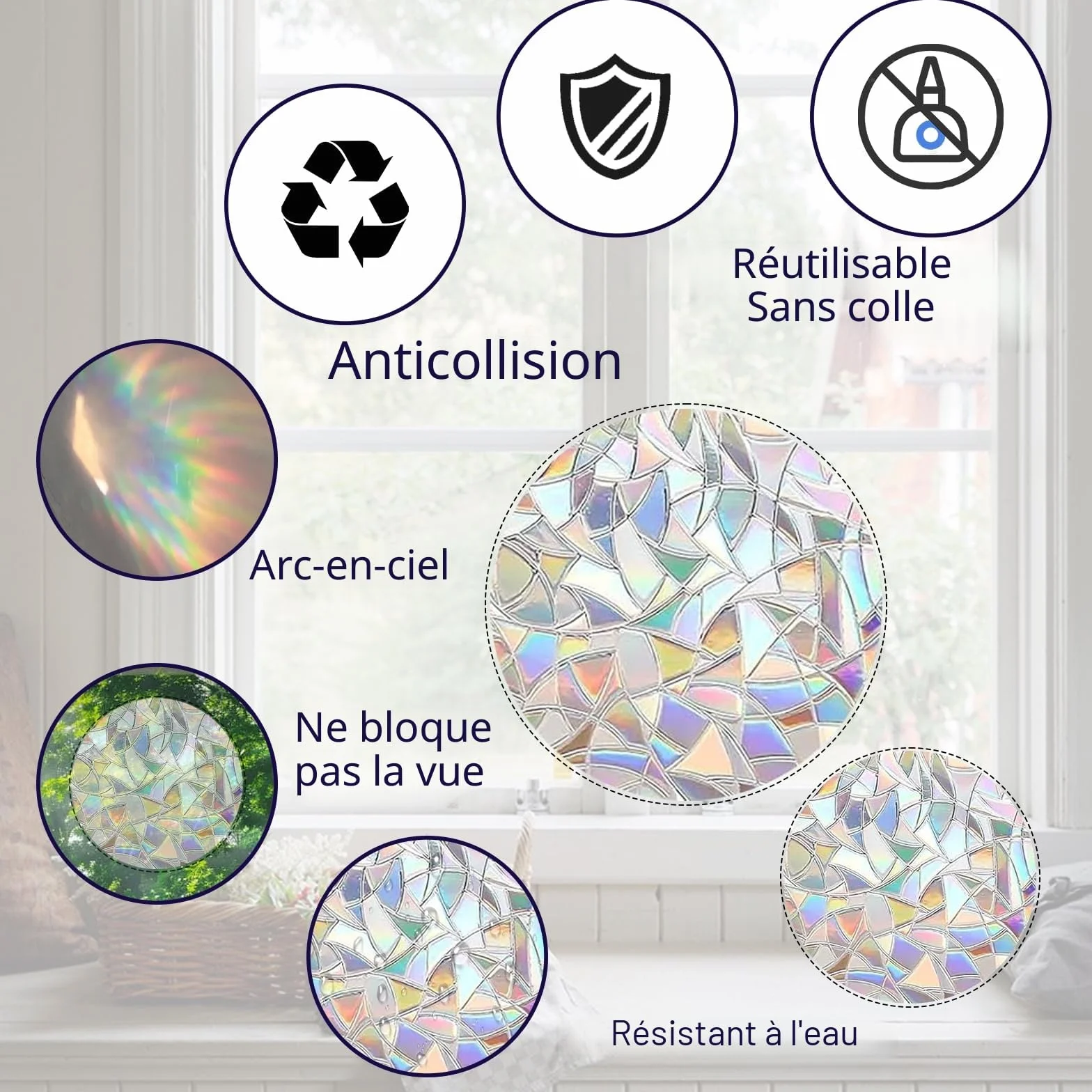 Suncatcher Sticker 39 pièces – Film Fenetre Arc-en-Ciel Effet Prisme Anti Collision Oiseaux Décoration Autocollants Décoratifs