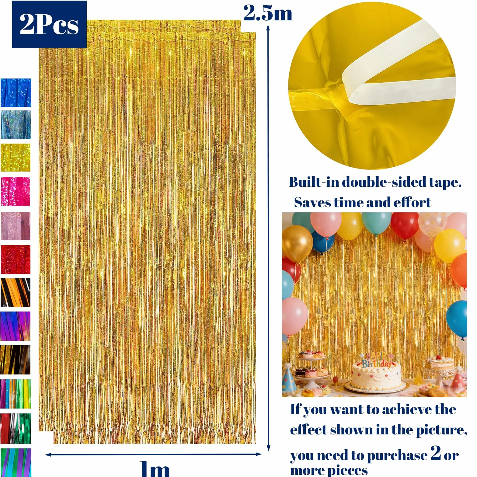 Rideaux Lametta Or Holographique Lot de 2, 2,5 m Rideau Métallique à Franges Brillant Décoration Fête