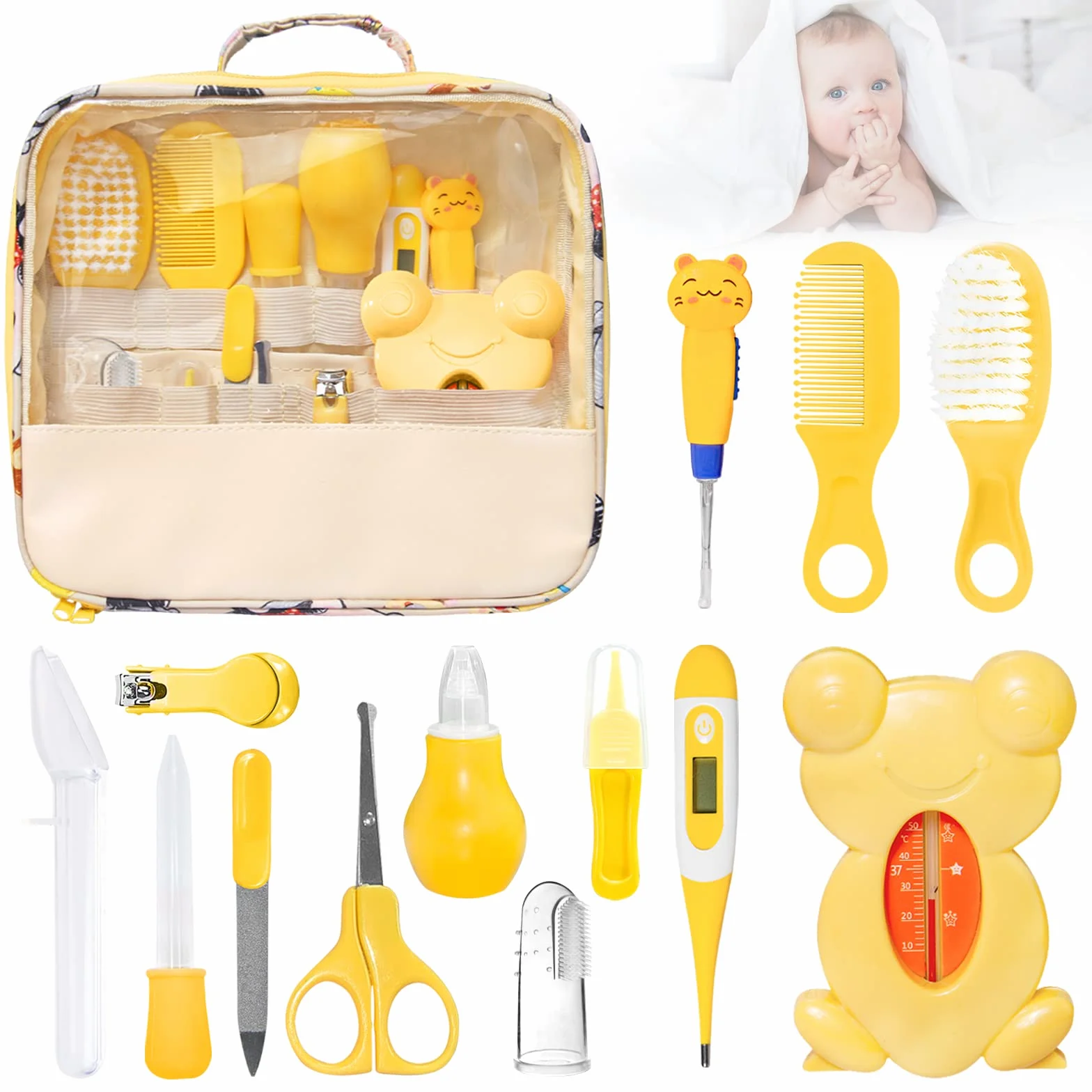 BelonLink Kit de Soin Bébé 13 Pièces Trousse Toilettage Portable Thermomètre Bain Coupe-ongles