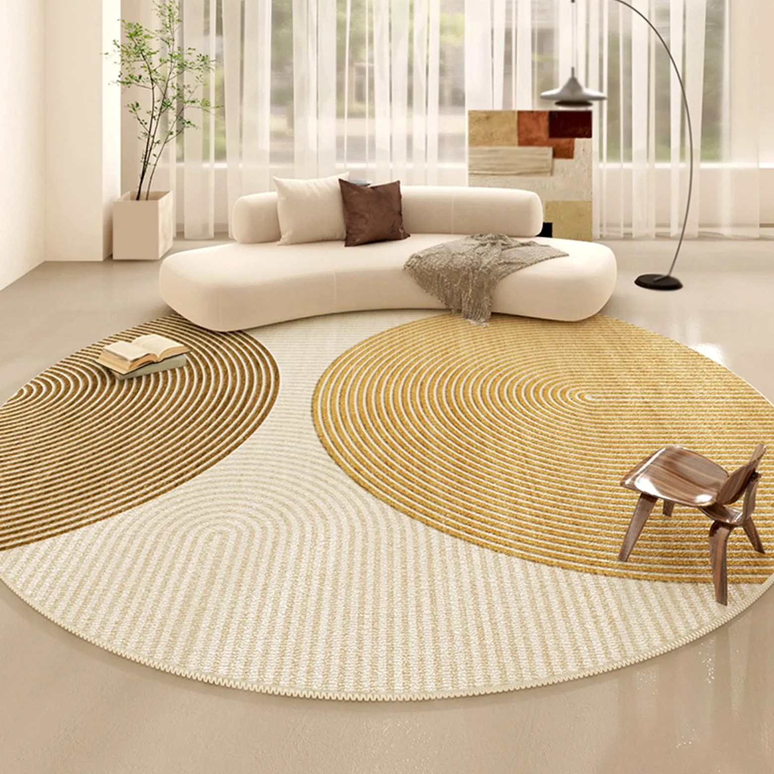 Tapis de décoration, ø 190 cm Tapis Ronde pour Salon Chambre décoratifs, Décoration géométrique en Cercle Orange Moutarde Jaune crème Moderne, Jaune,
