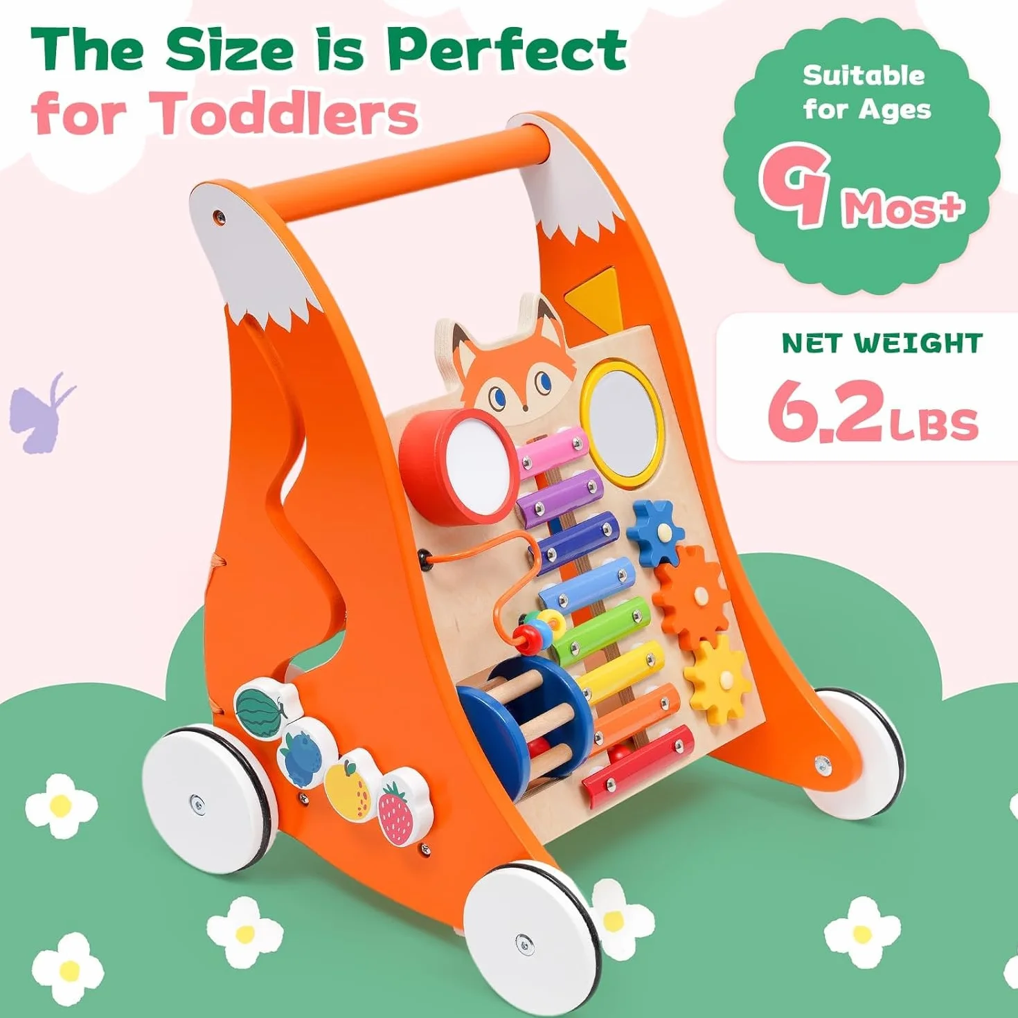 Chariot de Marche en Bois Trotteur Bébé avec Musique et Trieur de Formes Jouet Montessori