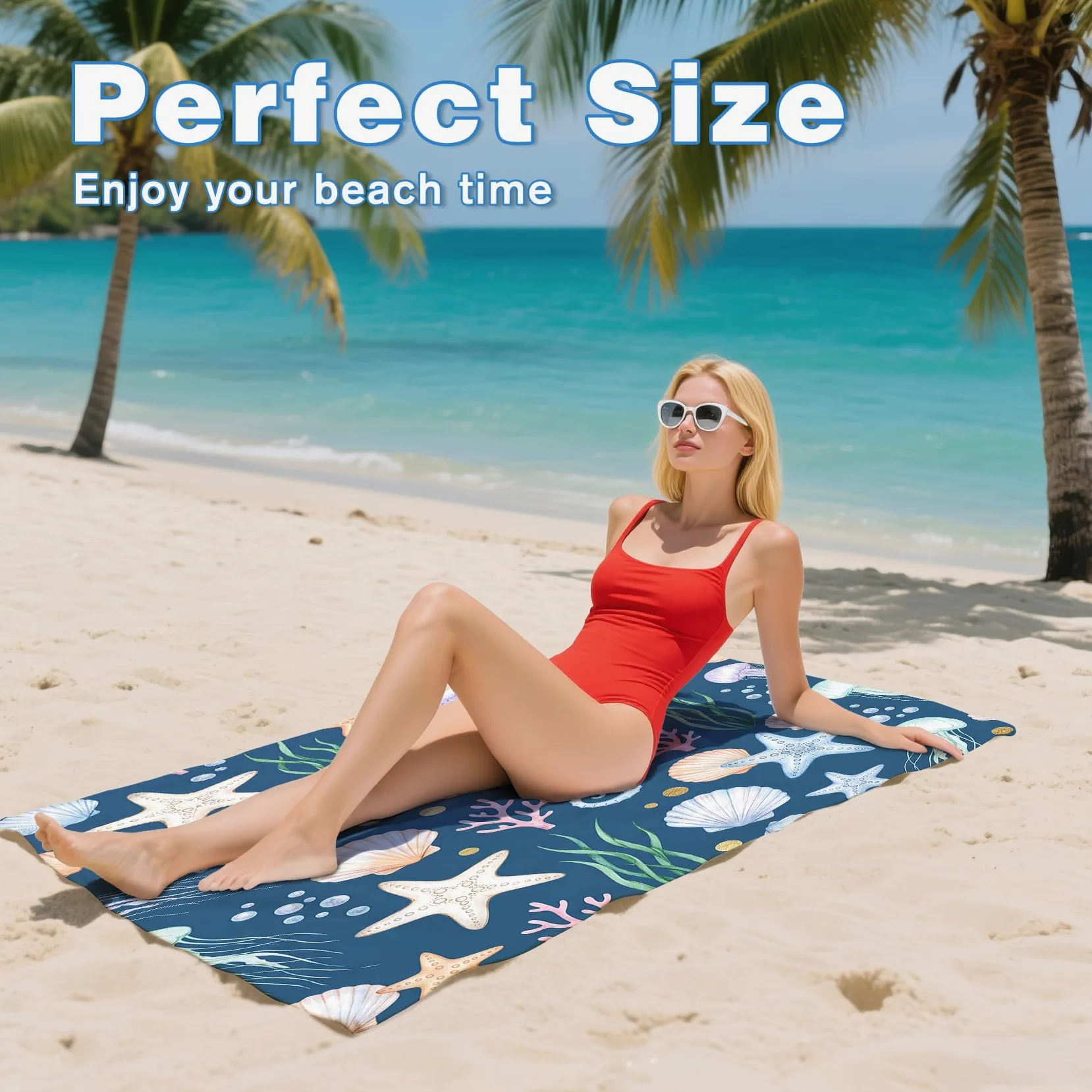 Serviette de Plage XXL Microfibre Coquillage étoile de Mer Hippocampe, Drap de Plage Séchage Rapide Anti Sable & Légère, Serviette de Bain Grande Taille 200x200 cm, Accessoire & Cadeau été