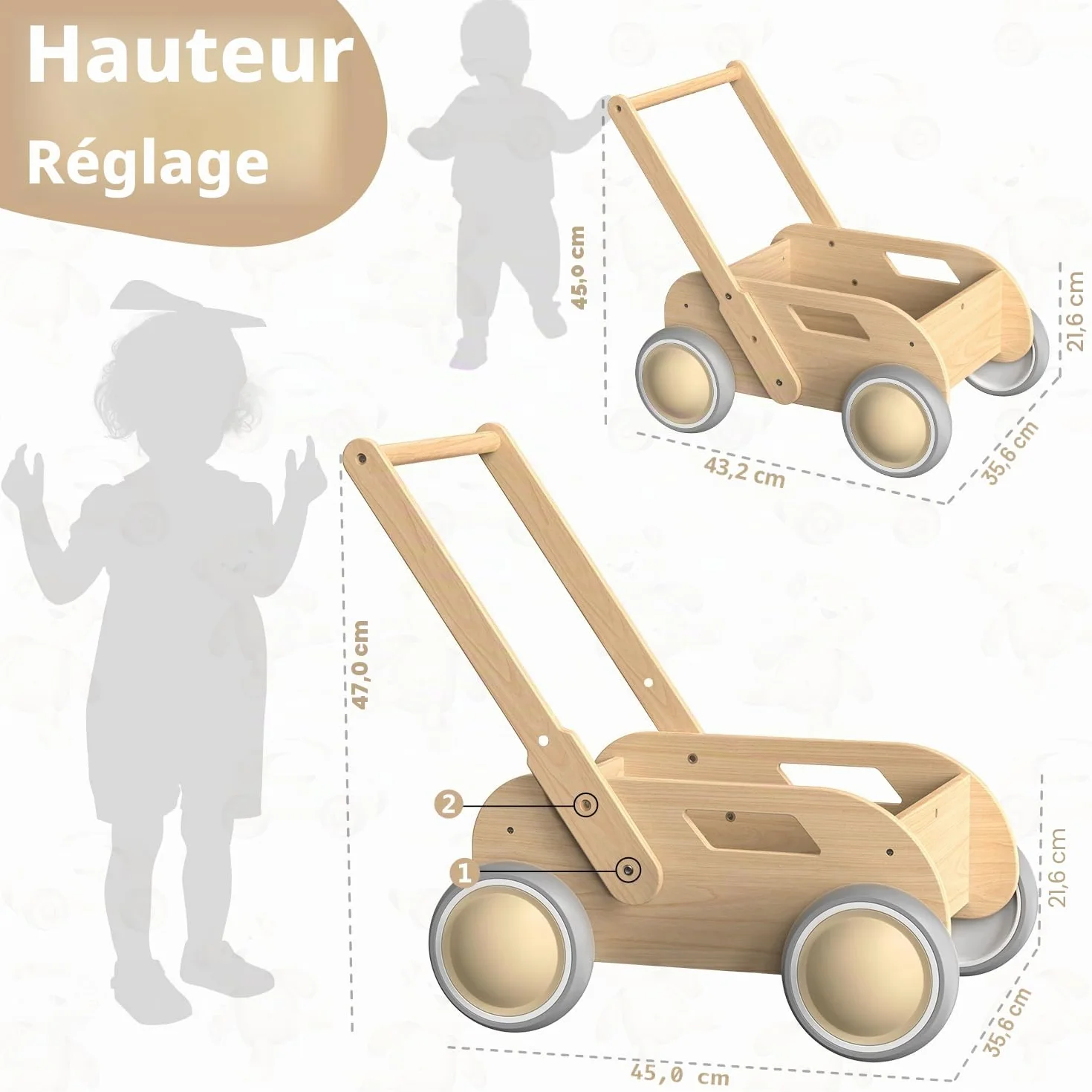 Trotteur Bébé en Bois, Chariot de Marche pour Garçons et Filles, Baby Walker avec Roues, Cadeau Anniversaire Noël