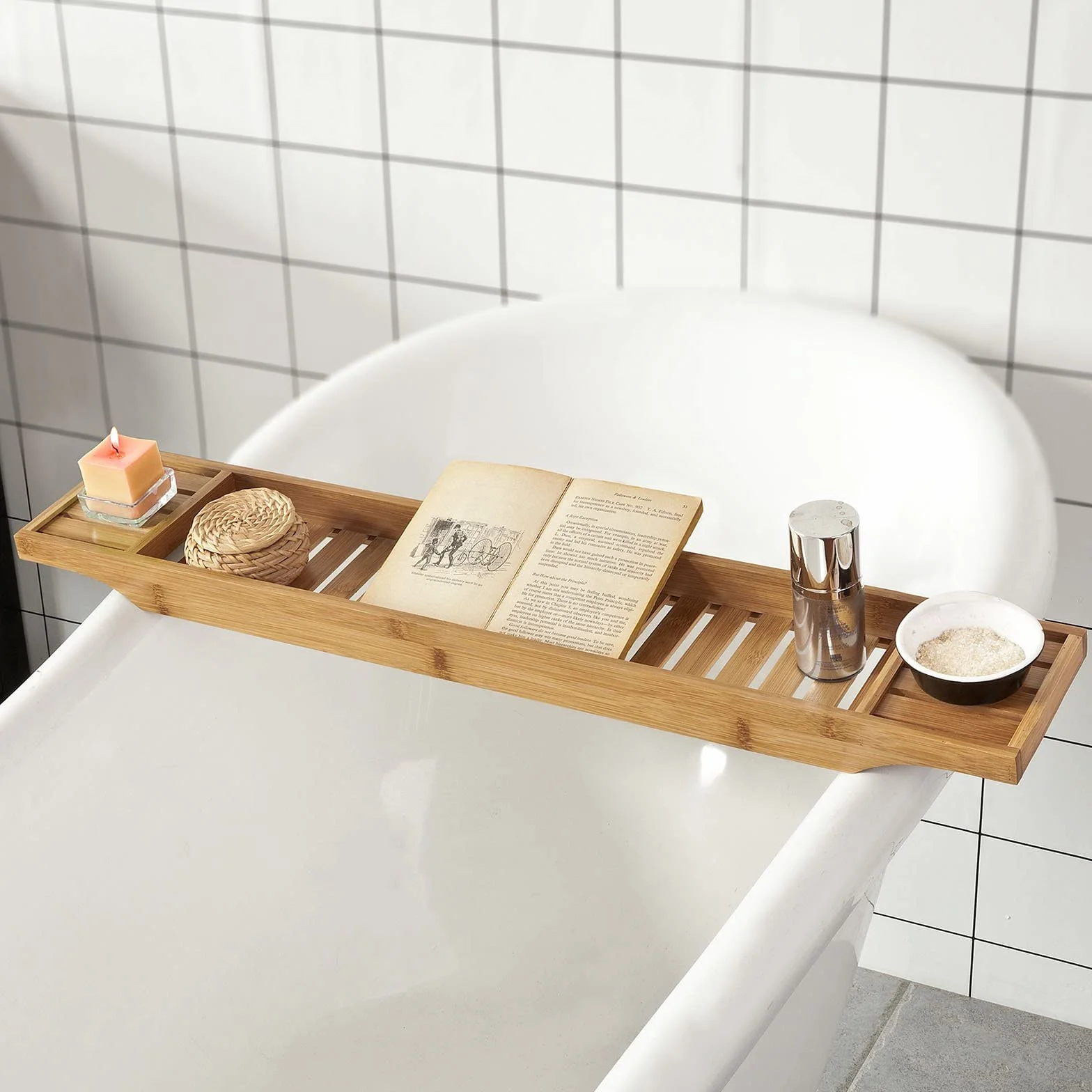 SoBuy Plateau de Baignoire en Bambou 80 cm – Pont de Baignoire en Bois pour Grandes Baignoires, Support Verre de Vin & Emplacement Bougie