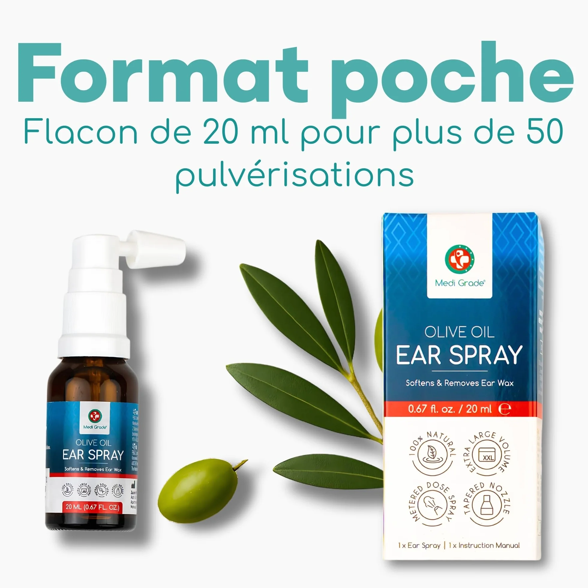 Medi Grade Spray d'Huile d'Olive pour Oreilles Bouchées 20ml – Nettoyant Auriculaire 100% Naturel