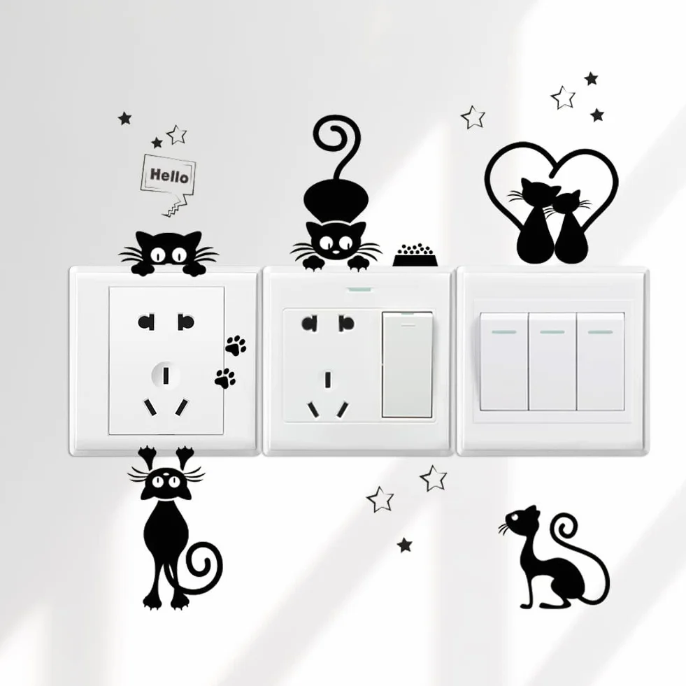 Autocollants Interrupteur Lumière Chat Animaux Rigolos Muraux Chambre Salon 16 Pièces