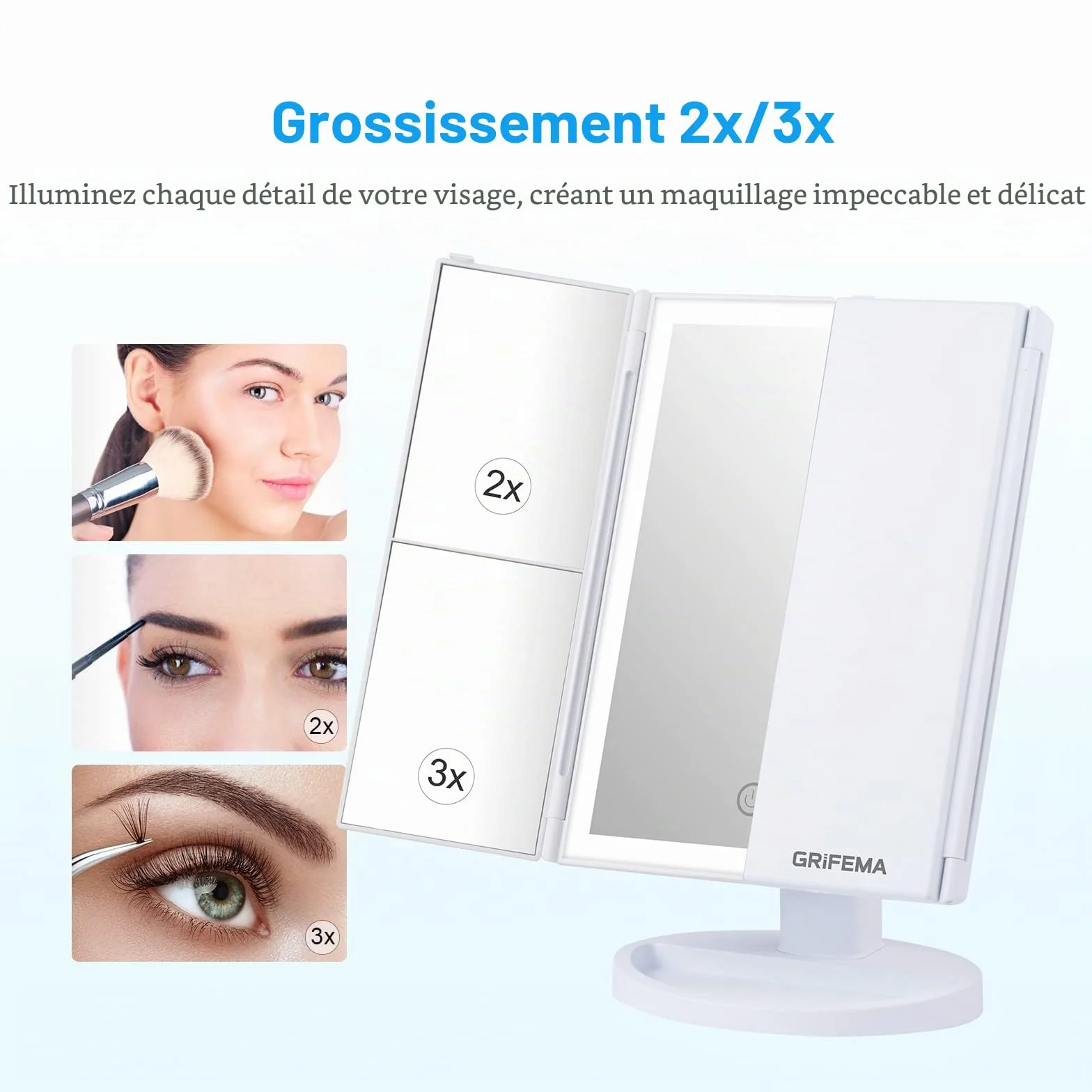 GRIFEMA GF1001W Miroir lumineux grossissant pliable 2X/3X rotation 180° batterie USB blanc