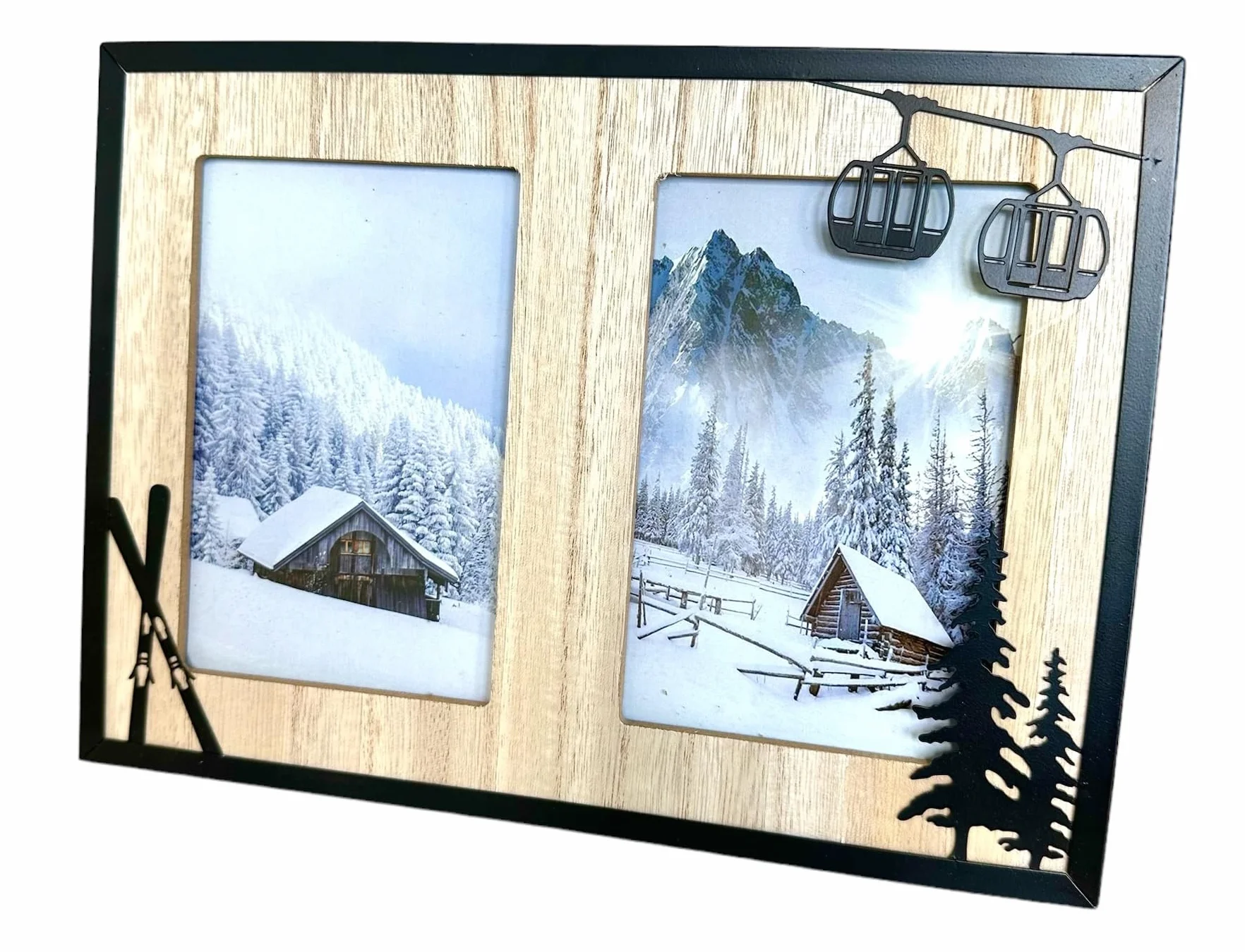Cadre Photos en métal et bois 28 x 20 cm décor montagne ski télécabine