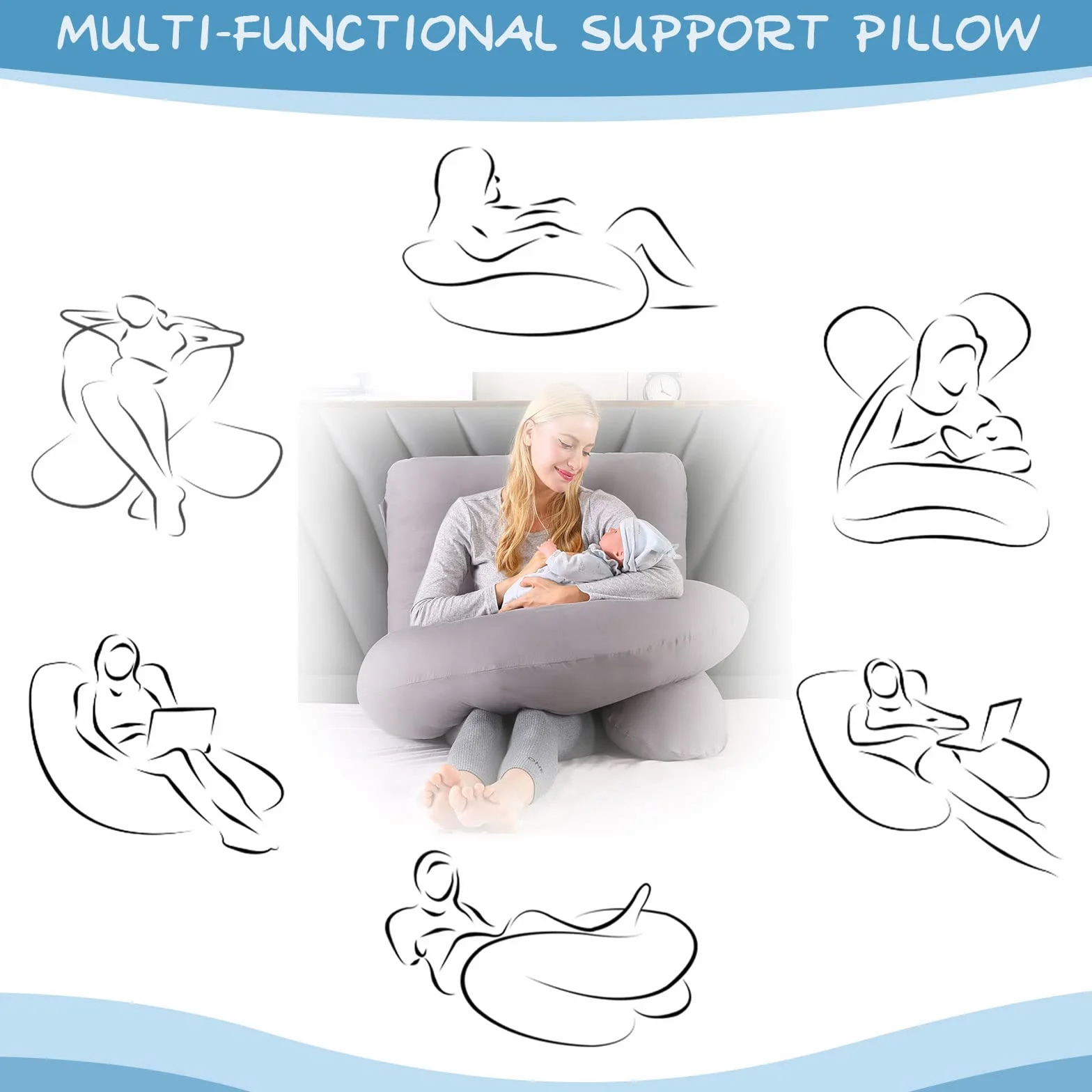 Lannvan Oreiller de Grossesse en Forme de J pour Femme Enceinte - Coussin d'Allaitement et Maternité avec Housse Lavable 100% Coton Gris