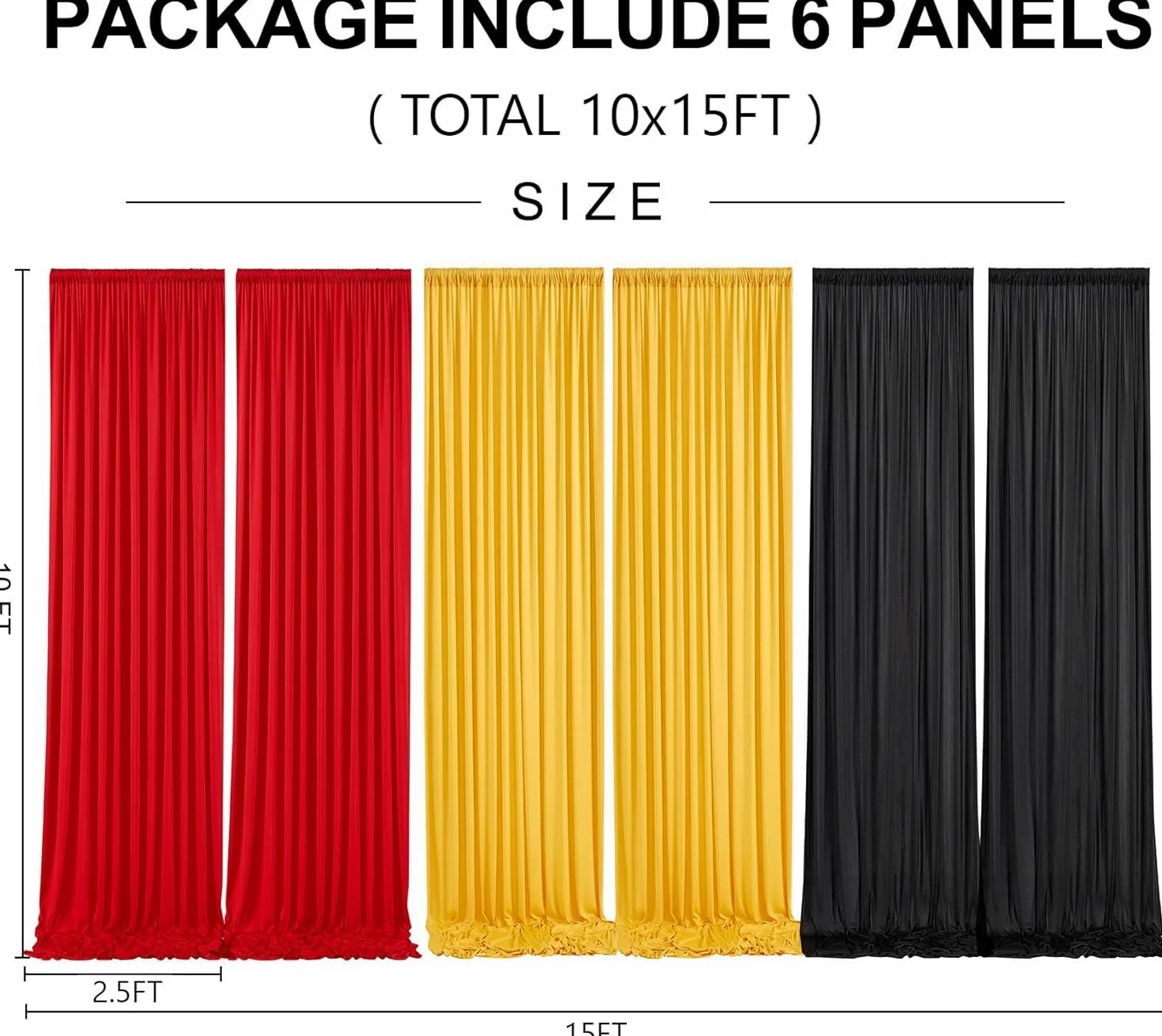 Lot de 6 panneaux de rideaux infroissables de 9,1 x 3 m - Noir, rouge et jaune - Toile de fond pour fêtes, Noël, fête d'anniversaire