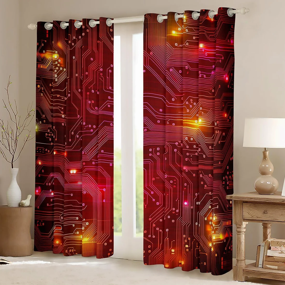 Homewish Rideau Occultant 117x183 cm Rayures Luminescentes Jaune Rose Rideau Circuit Imprimé Géométrique Néon Rideaux Voilage Lignes Dégradées Voilage Fenetre Géométrique Scintillant Tendance