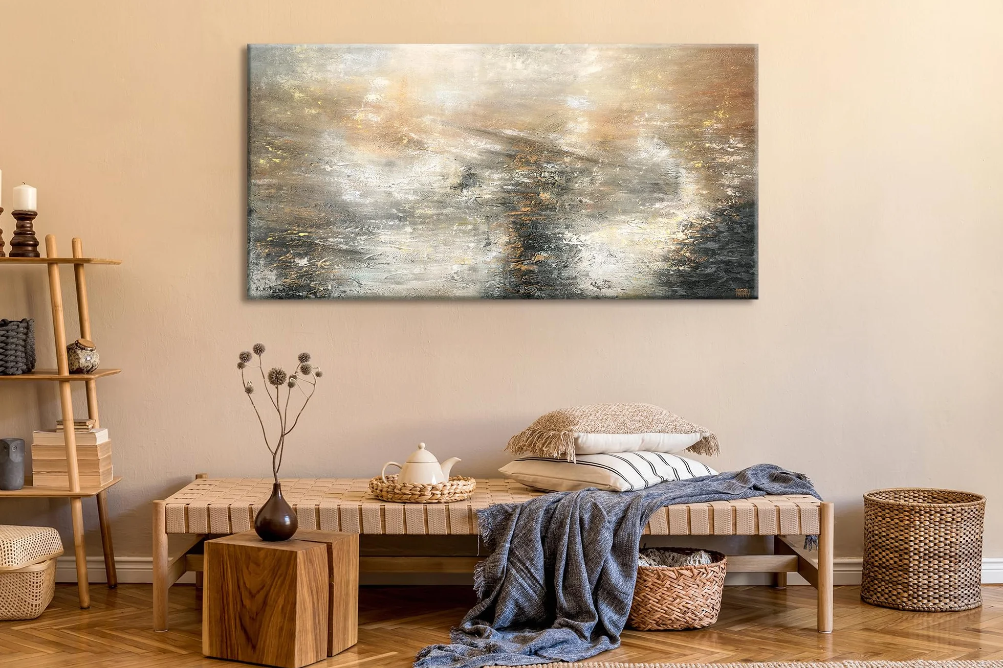 Tableau art abstrait moderne tons gris et noirs avec or 140x70 cm