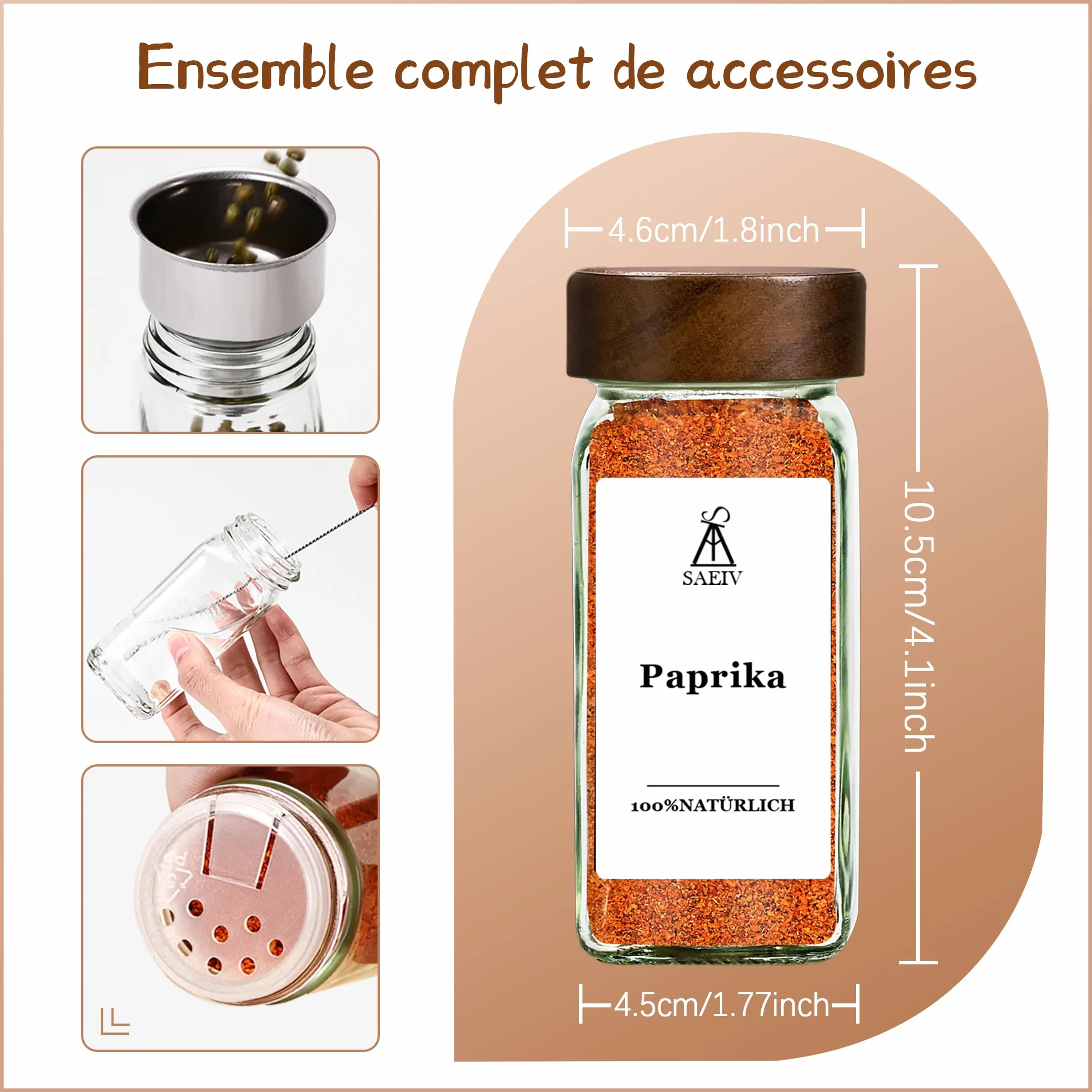 Pots à épices en verre borosilicaté 120 ml avec couvercles en bois d'acacia - Lot de 24