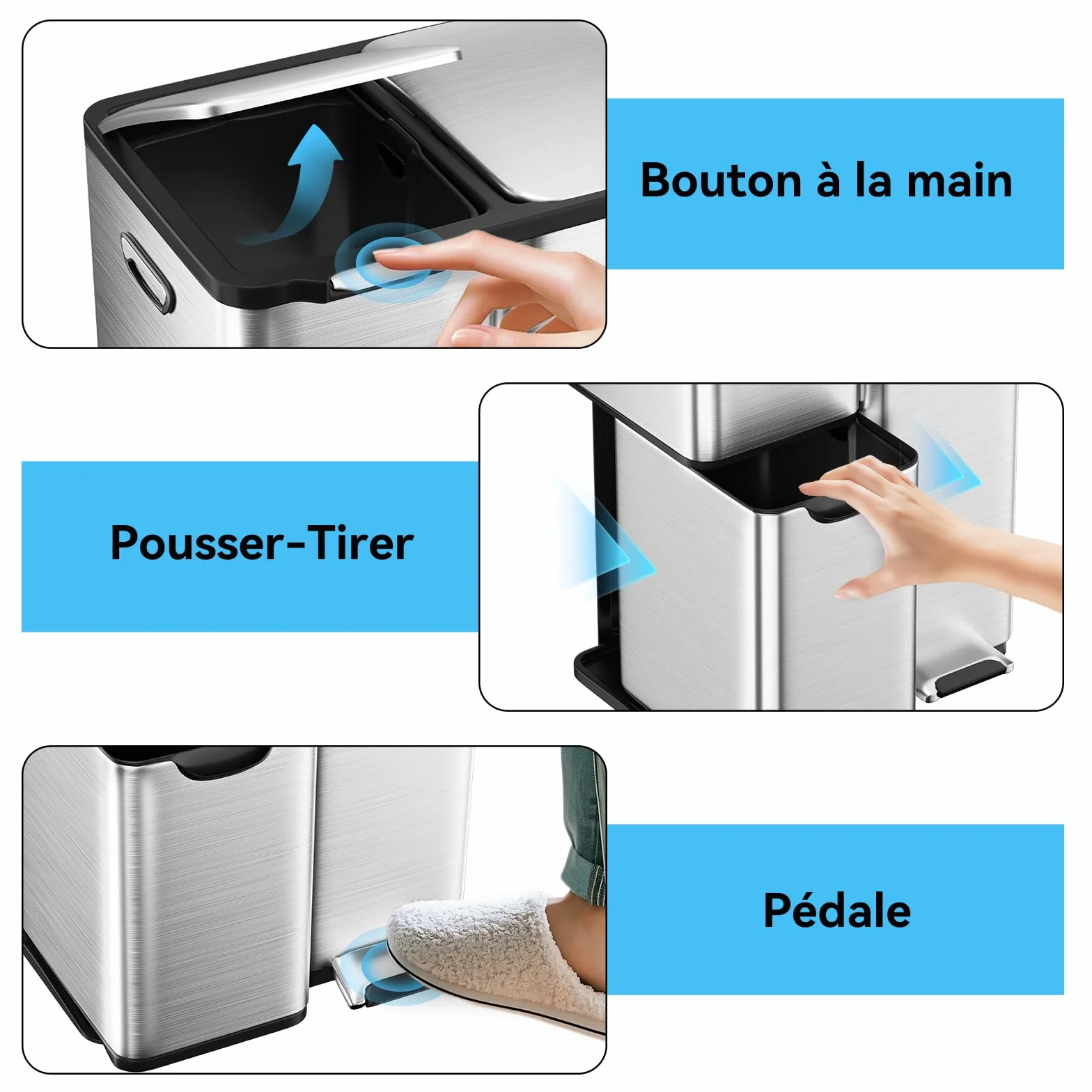 mVm Poubelle de Cuisine Triple 3 Compartiments 60L Acier