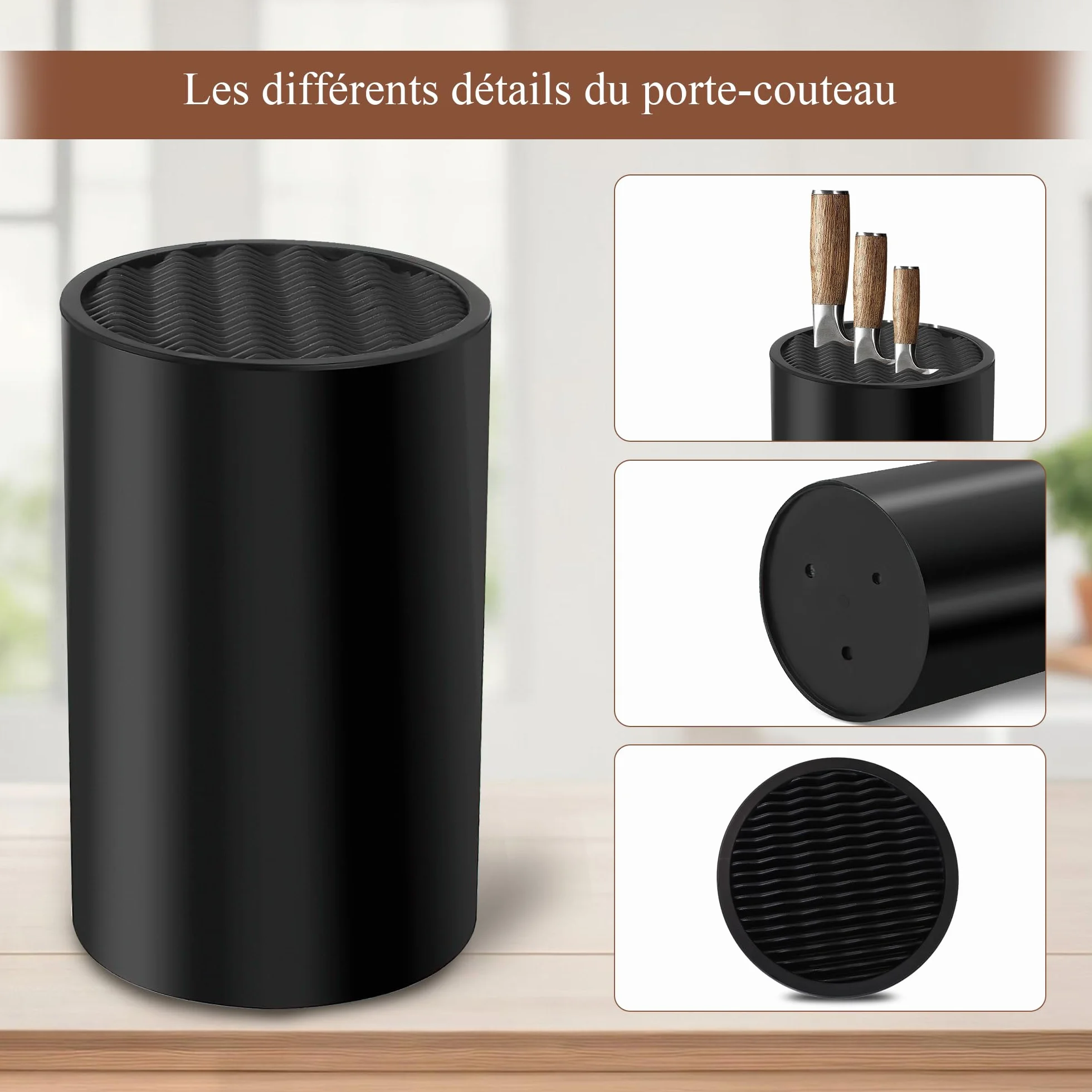 Bloc Couteaux Cuisine Vide Noir Design Ondulé avec Support Porte 20 Couteaux Antidérapant et Ventilé