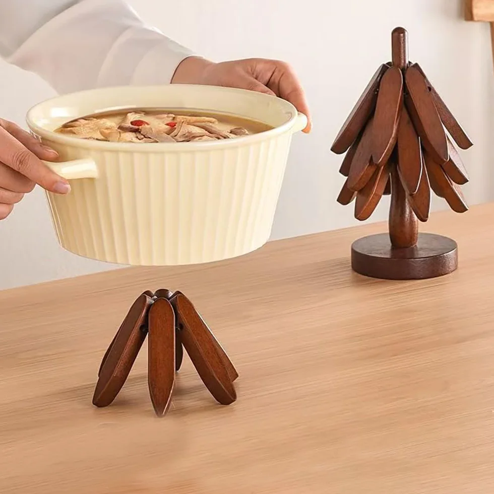 Lot de 4 Dessous de Plats en Bois Pliables + 1 Support Sapin de Noël
