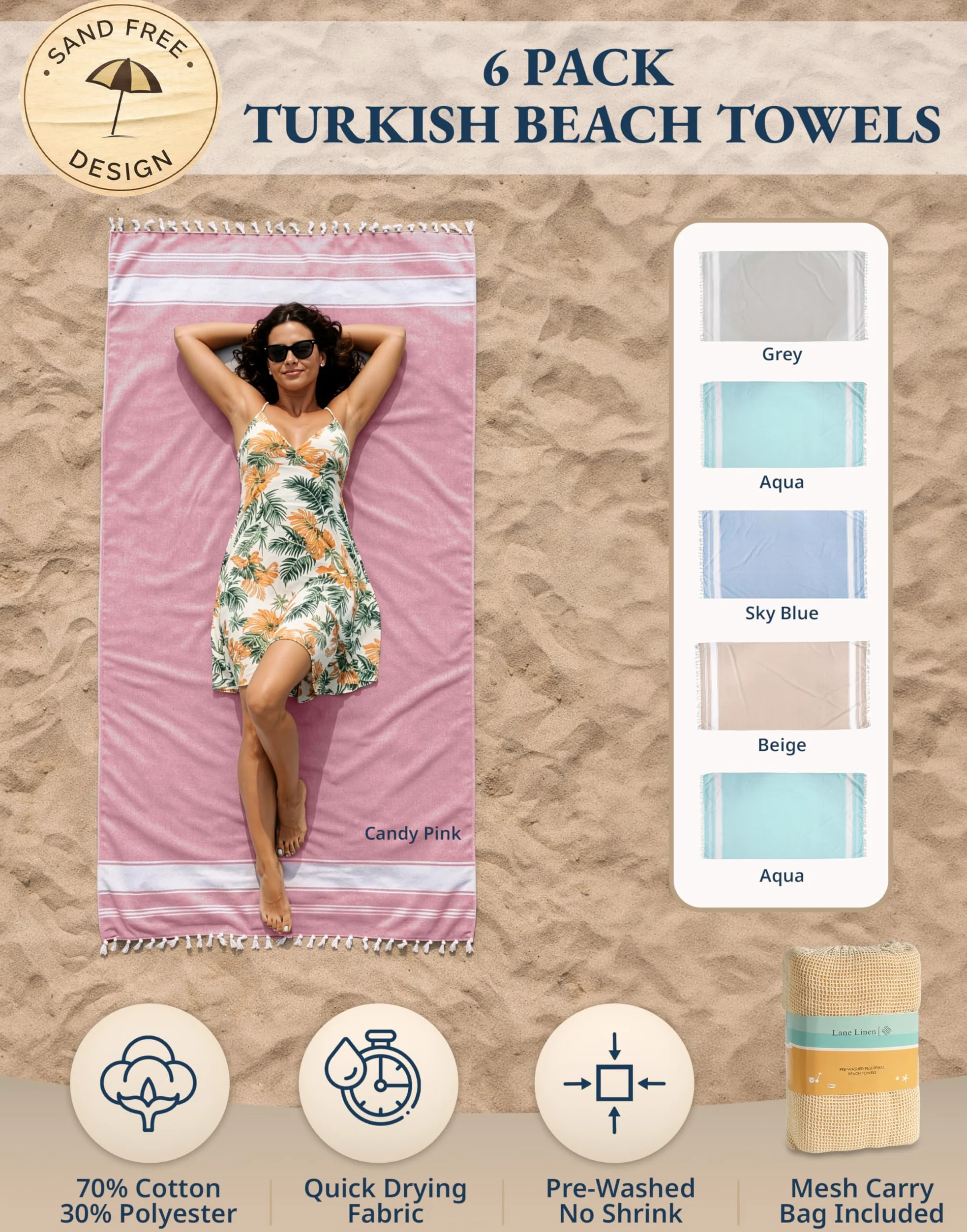 LANE LINEN Lot de 6 serviettes de plage turques pour femme – Prélavées, anti-rétrécissement, anti-sable, à séchage rapide, légères et douces, 99,1 x 180,3 cm – Plage vintage