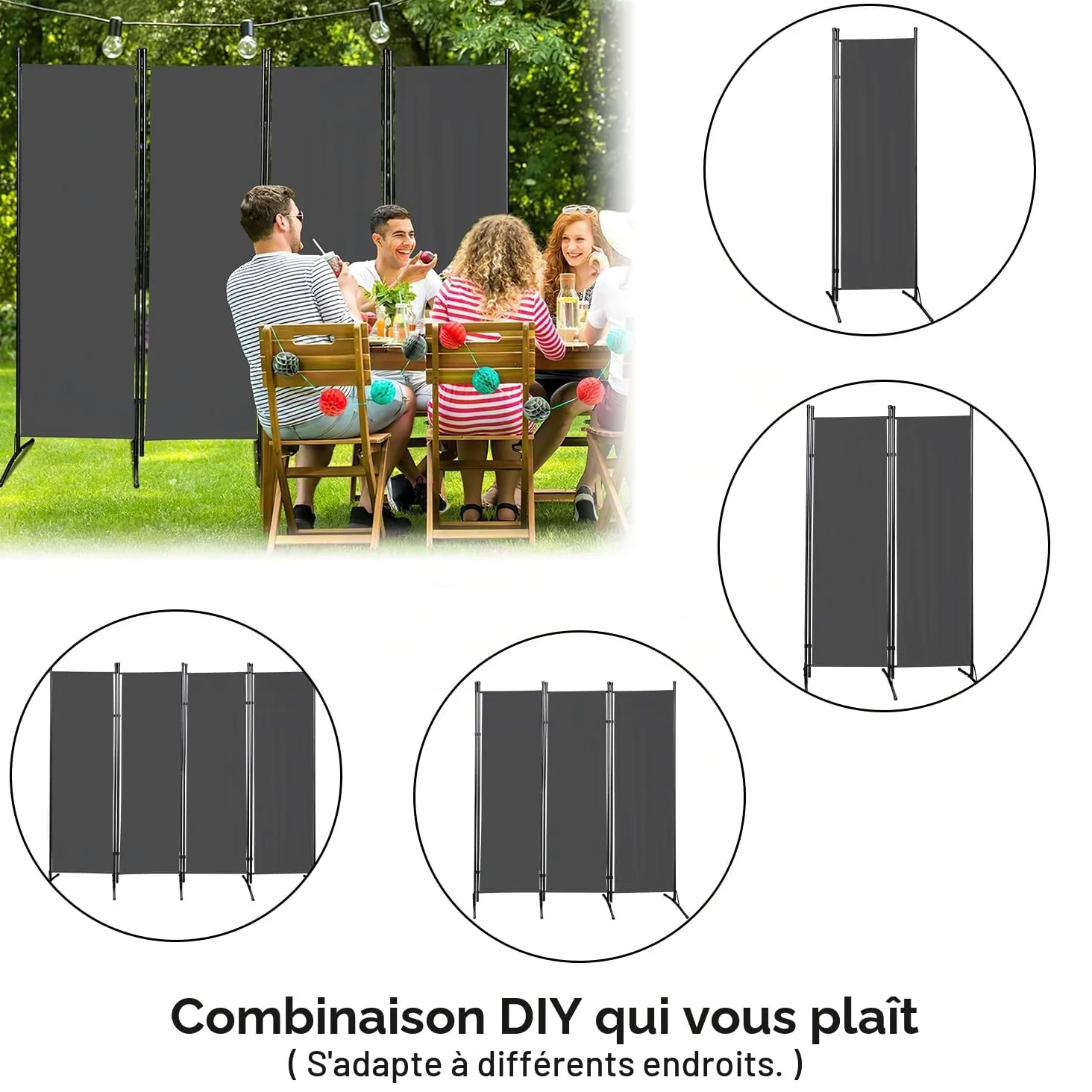 Paravent Cloison de Séparation 4 pièces, 200 x 170 cm, Pliable, autoportant, séparateur de pièce, intérieur écran Pliable pour Bureaux, Chambres à Coucher (Gris Foncé)