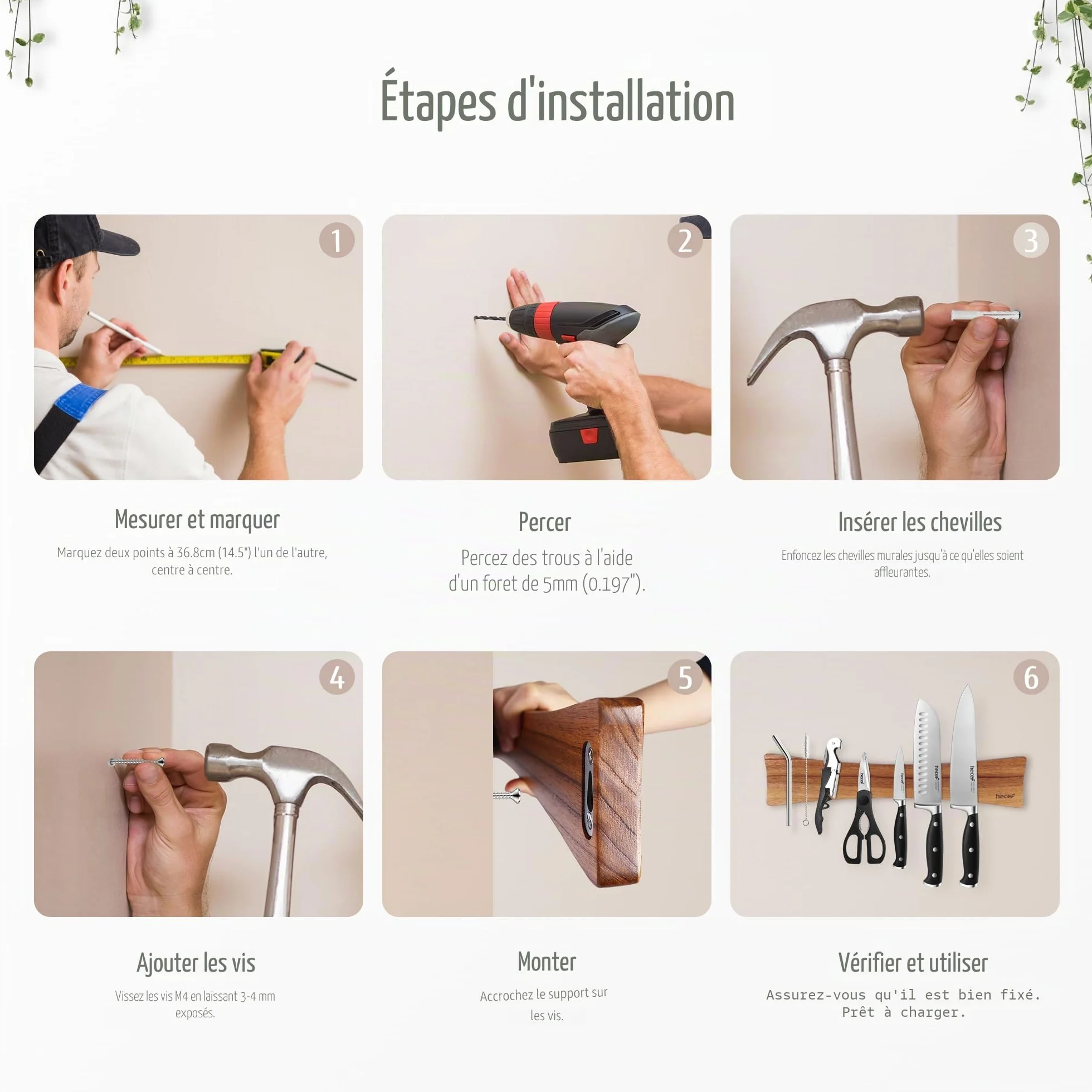 Barre Magnétique pour Couteaux en Bois Stable, Support Mural Aimanté 40,6 cm, Design Ailes de Papillon