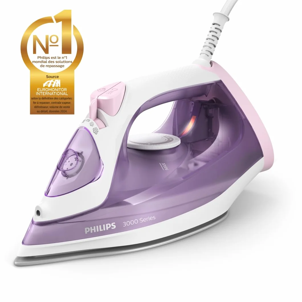 Philips Fer à Repasser Série 3000 2000W 140g 30g/min Semelle Céramique 300ml Mauve Blanc